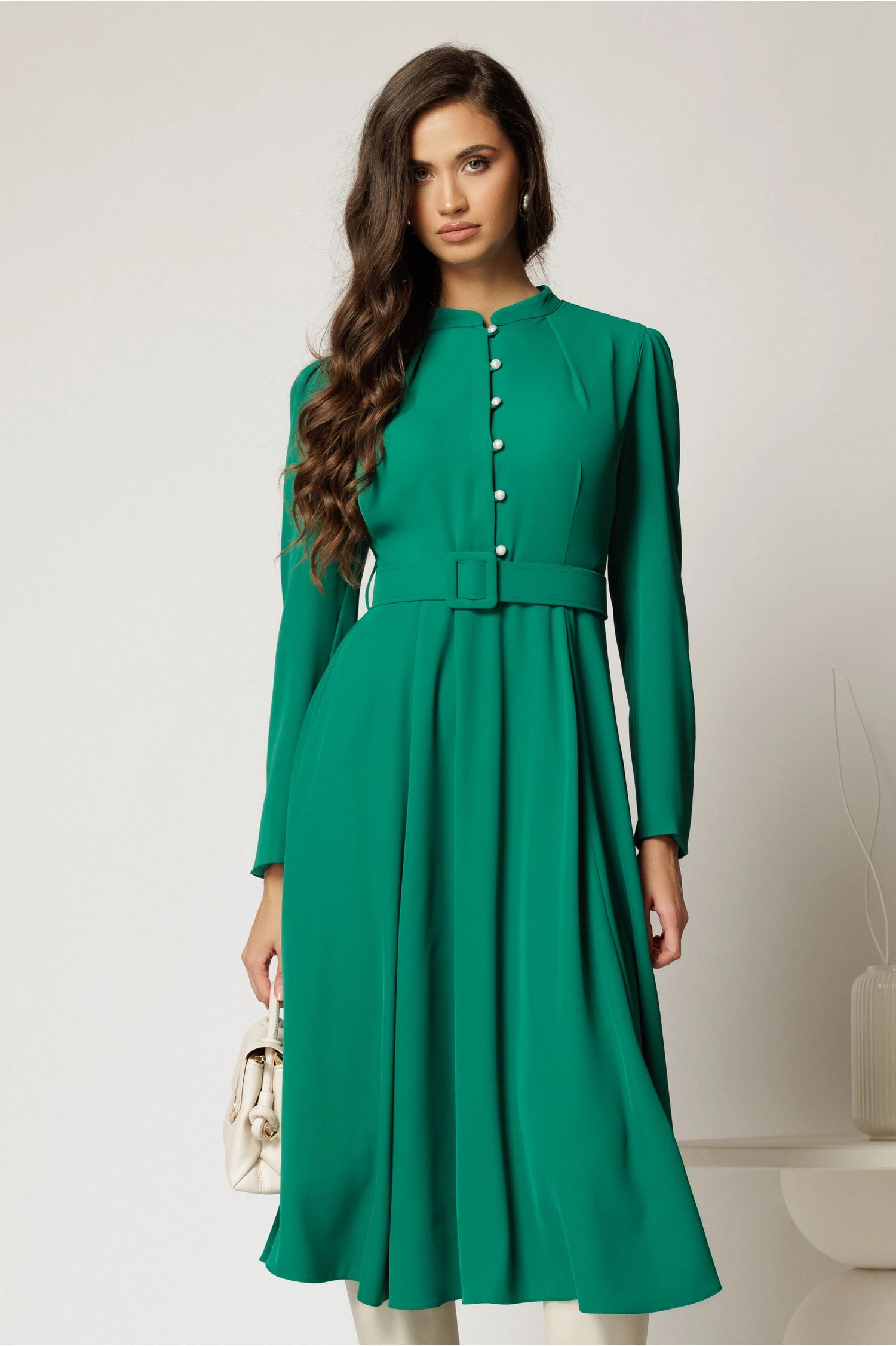 Rochie DY Fashion midi verde eleganta cu nasturi si curea in talie