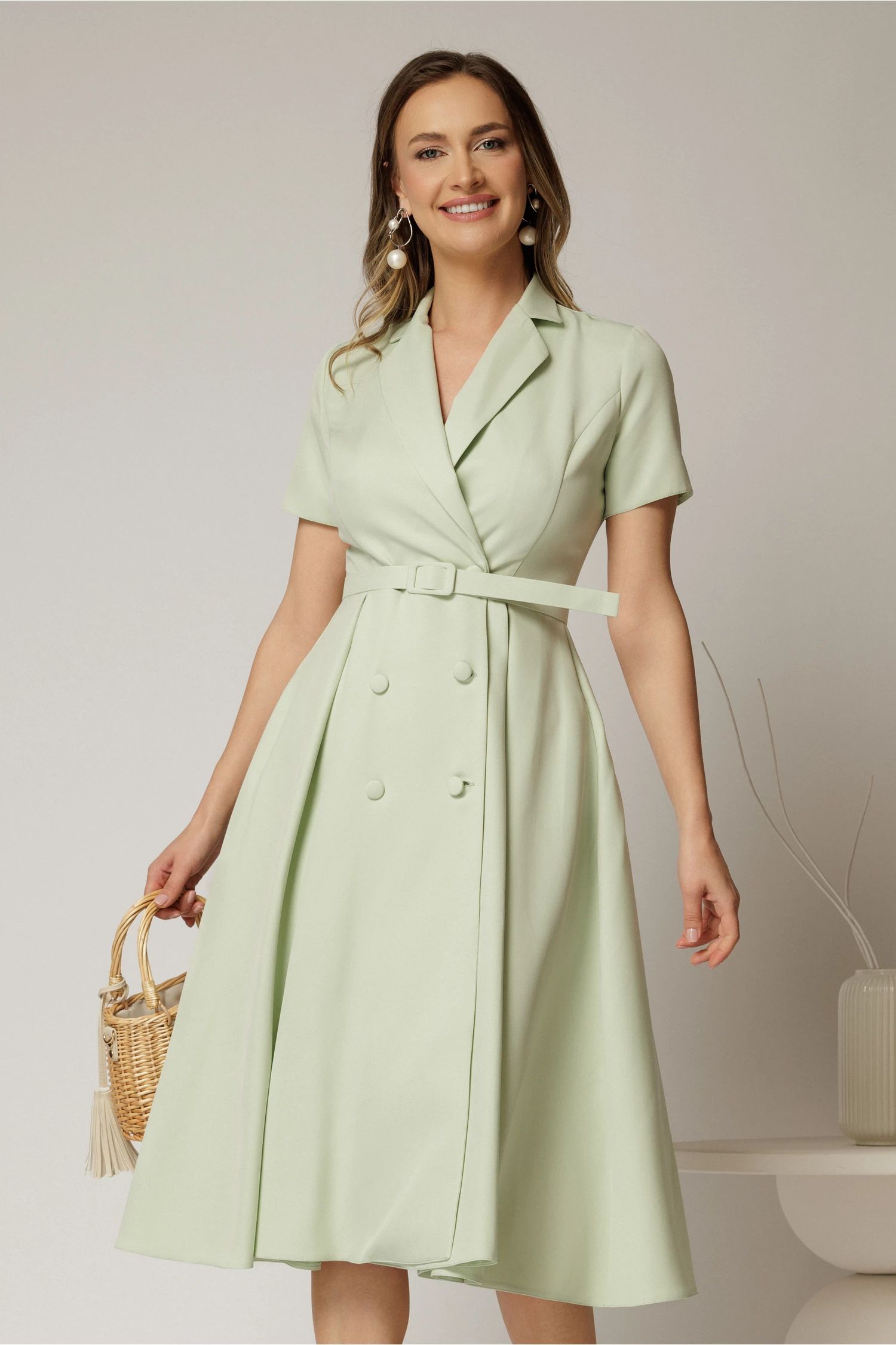 Rochie DY Fashion midi verde fistic cu decolteu petrecut si curea in talie