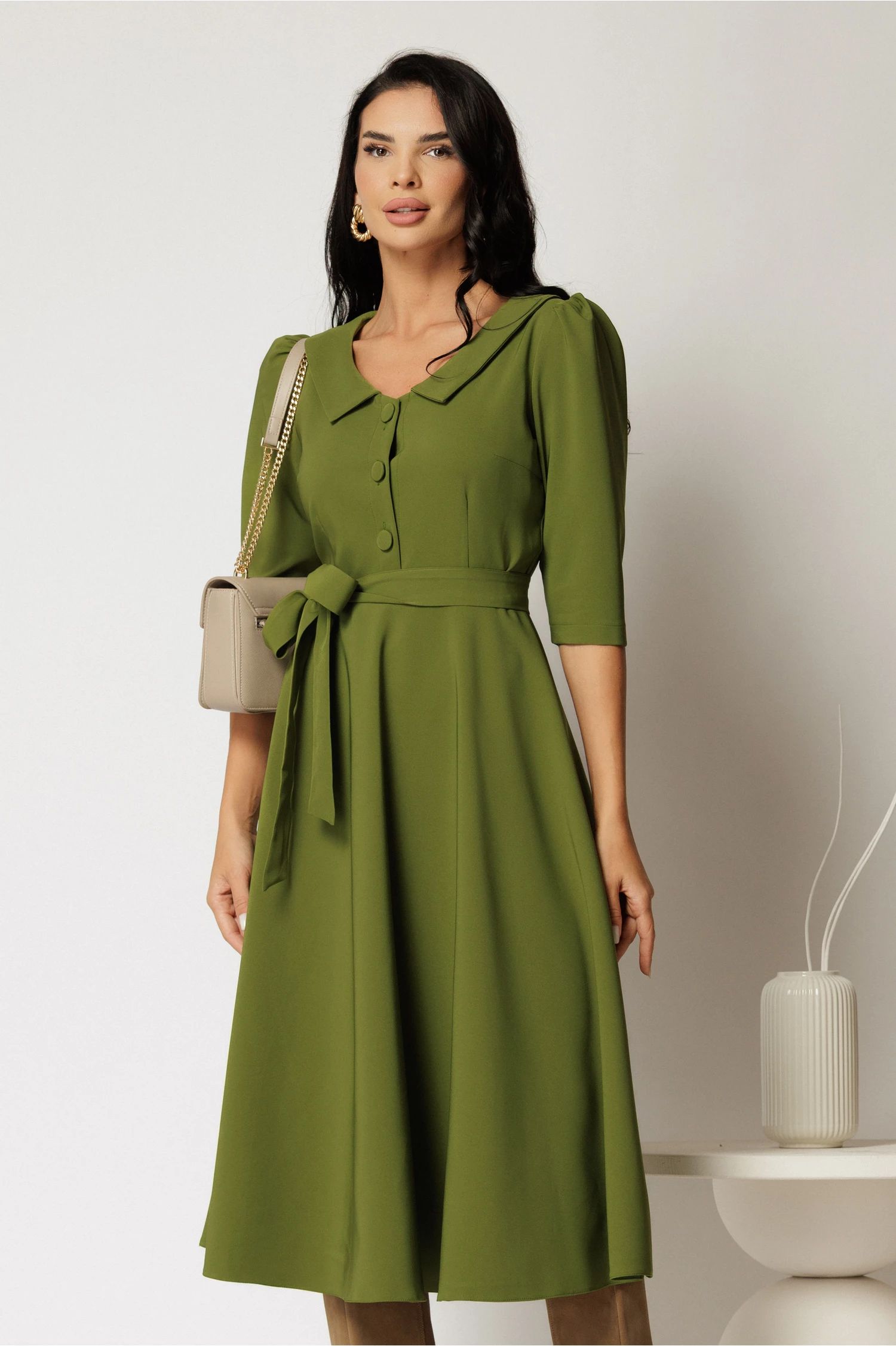 Rochie DY Fashion midi verde olive cu cordon si nasturi pe bust