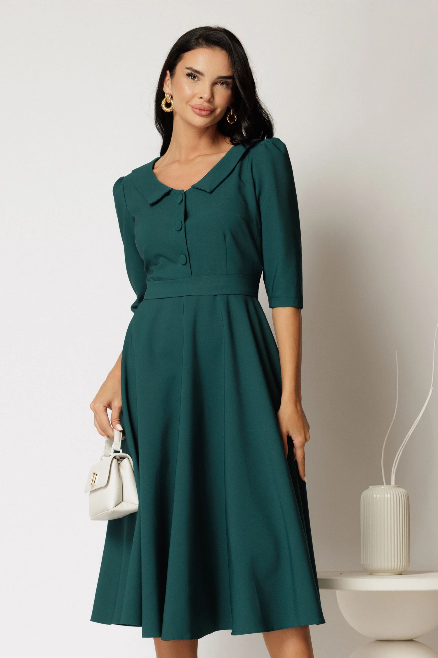 Rochie DY Fashion midi verde petrol cu cordon si nasturi pe bust