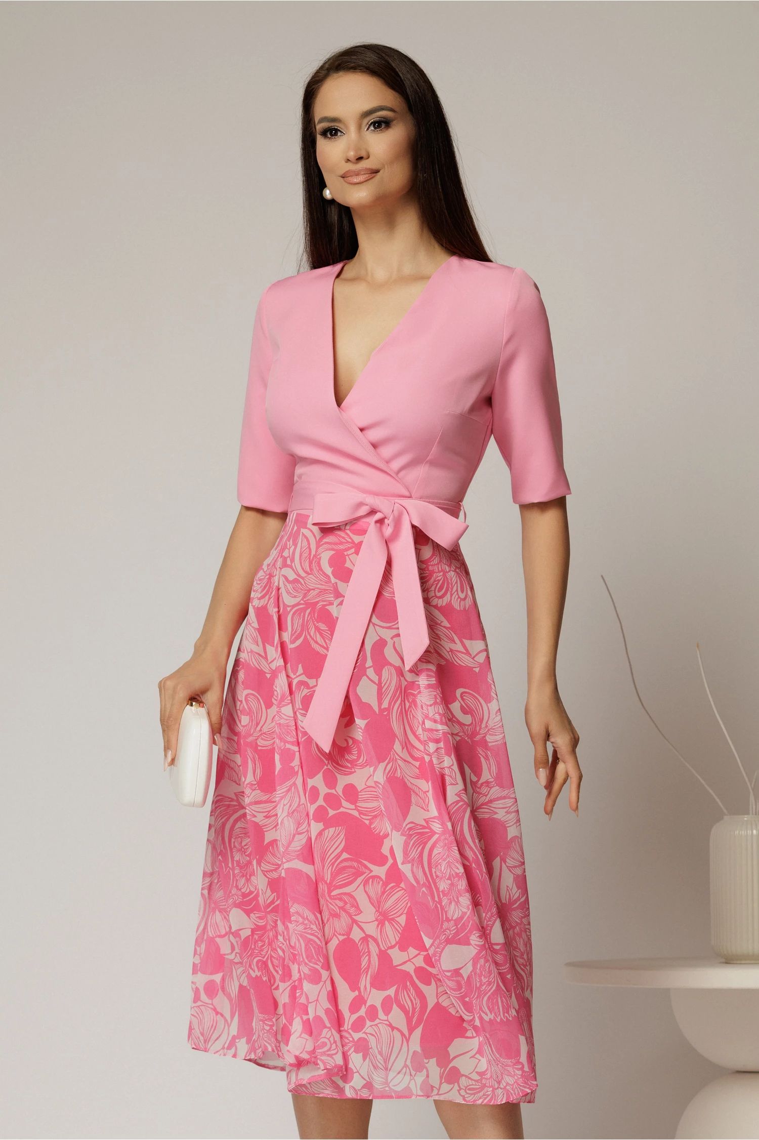 Rochie DY Fashion office din stofa si voal roz cu imprimeu pe fusta