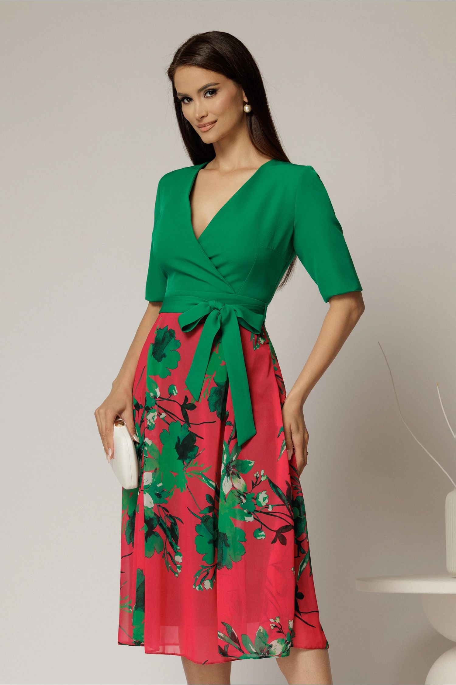Rochie DY Fashion office din stofa si voal verde cu imprimeu pe fusta
