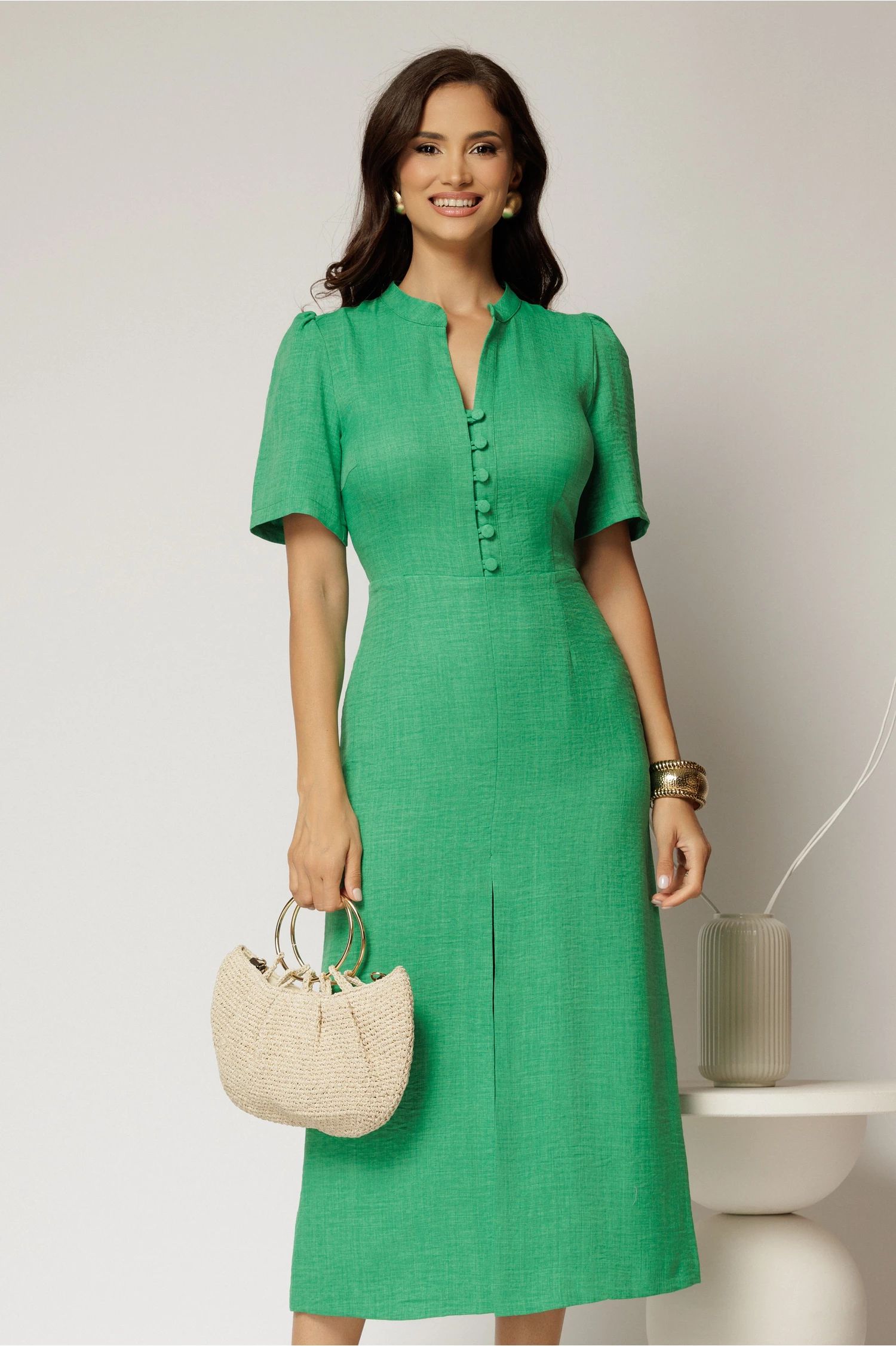 Rochie DY Fashion verde de zi de vara cu maneci scurte si nasturi la bust