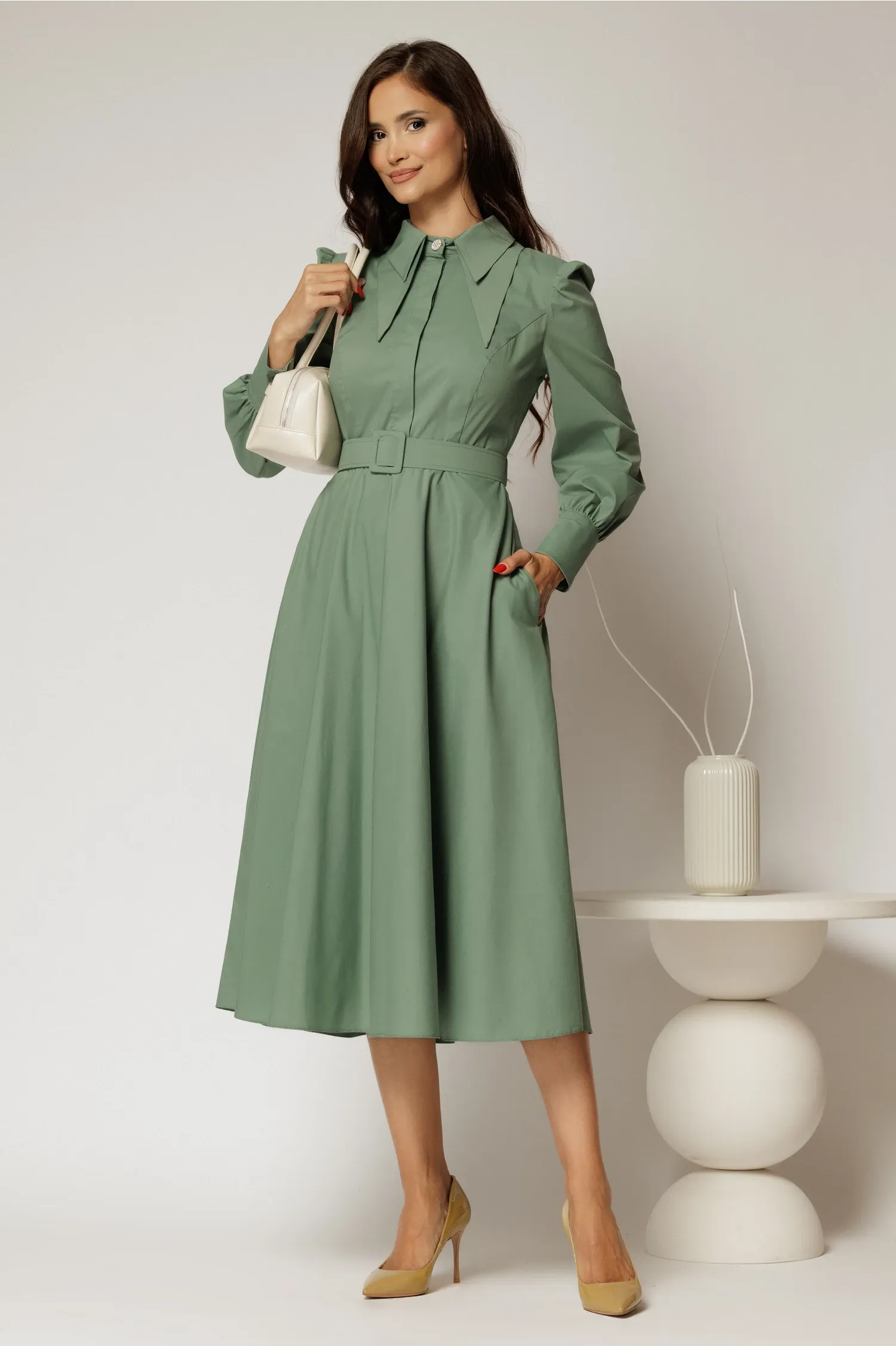 Rochie DY Fashion verde fistic din poplin cu guler dublu si curea in talie 3
