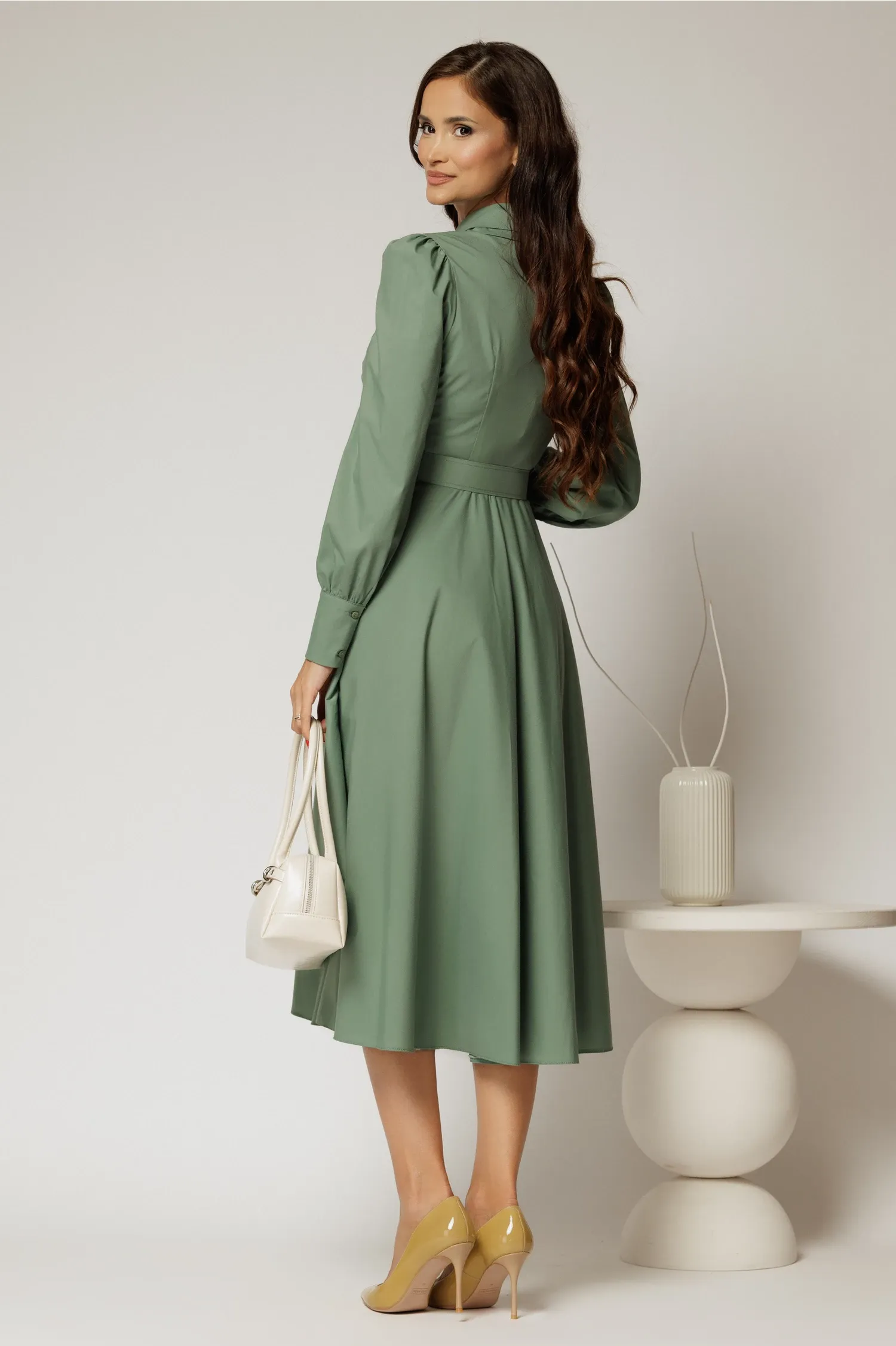 Rochie DY Fashion verde fistic din poplin cu guler dublu si curea in talie 2