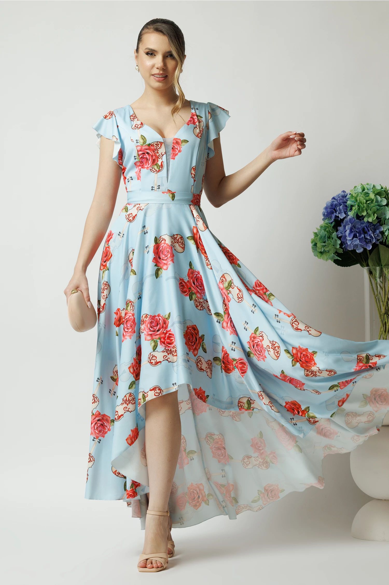 Rochie eleganta lunga din tafta bleu cu imprimeu si cordon in talie