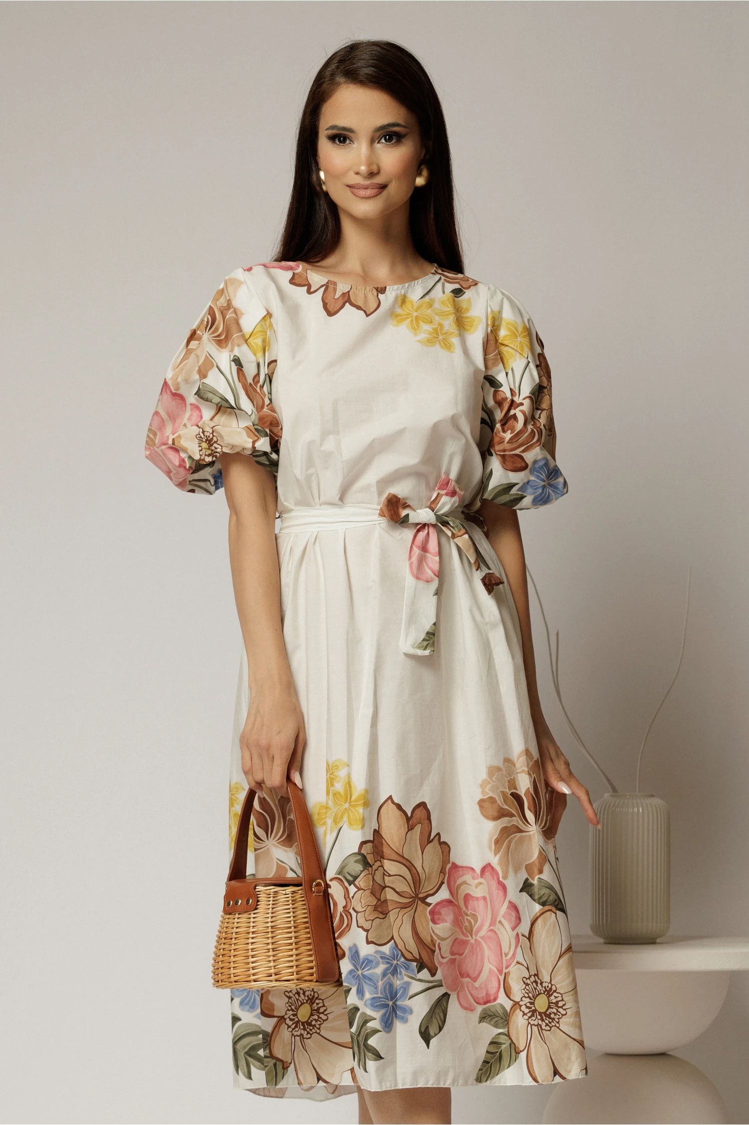 Rochie ivoar din bumbac cu imprimeuri florale