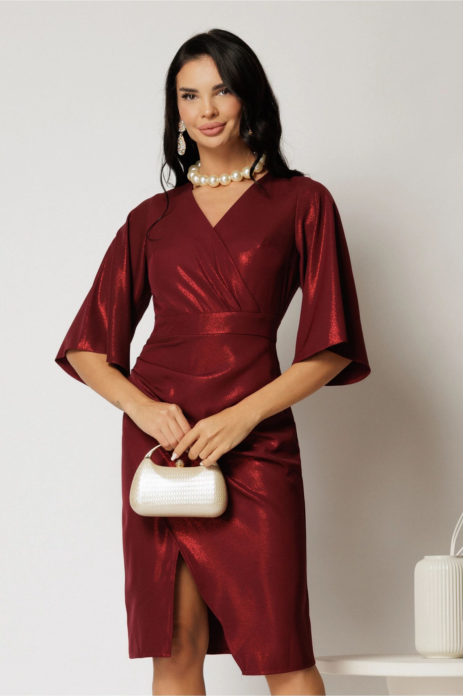 Rochie Lenna bordo din voal plin peliculizat cu maneci ample