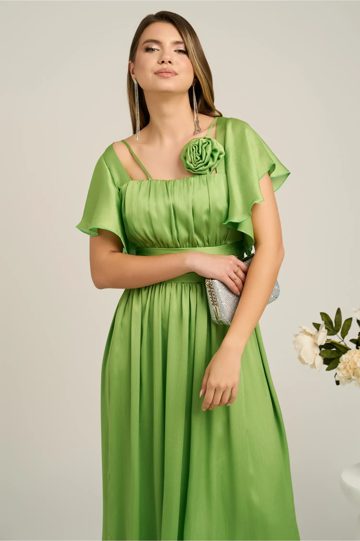 Rochie lunga eleganta din voal verde cu floare la bust- Moze 4