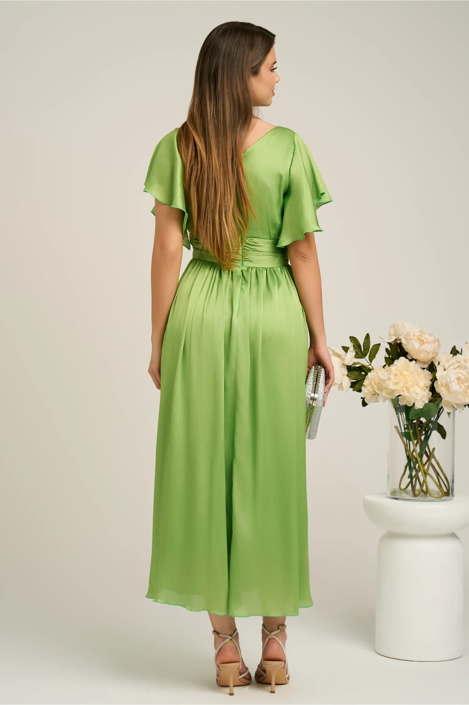 Rochie lunga eleganta din voal verde cu floare la bust- Moze 2