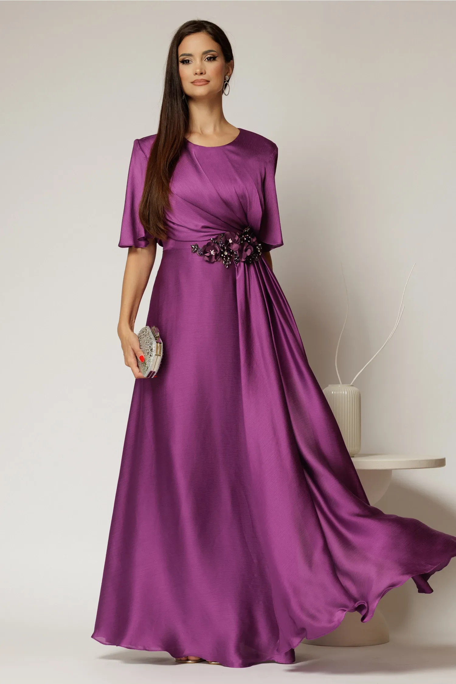 Rochie lunga mov de seara din voal  cu accesoriu in talie 1