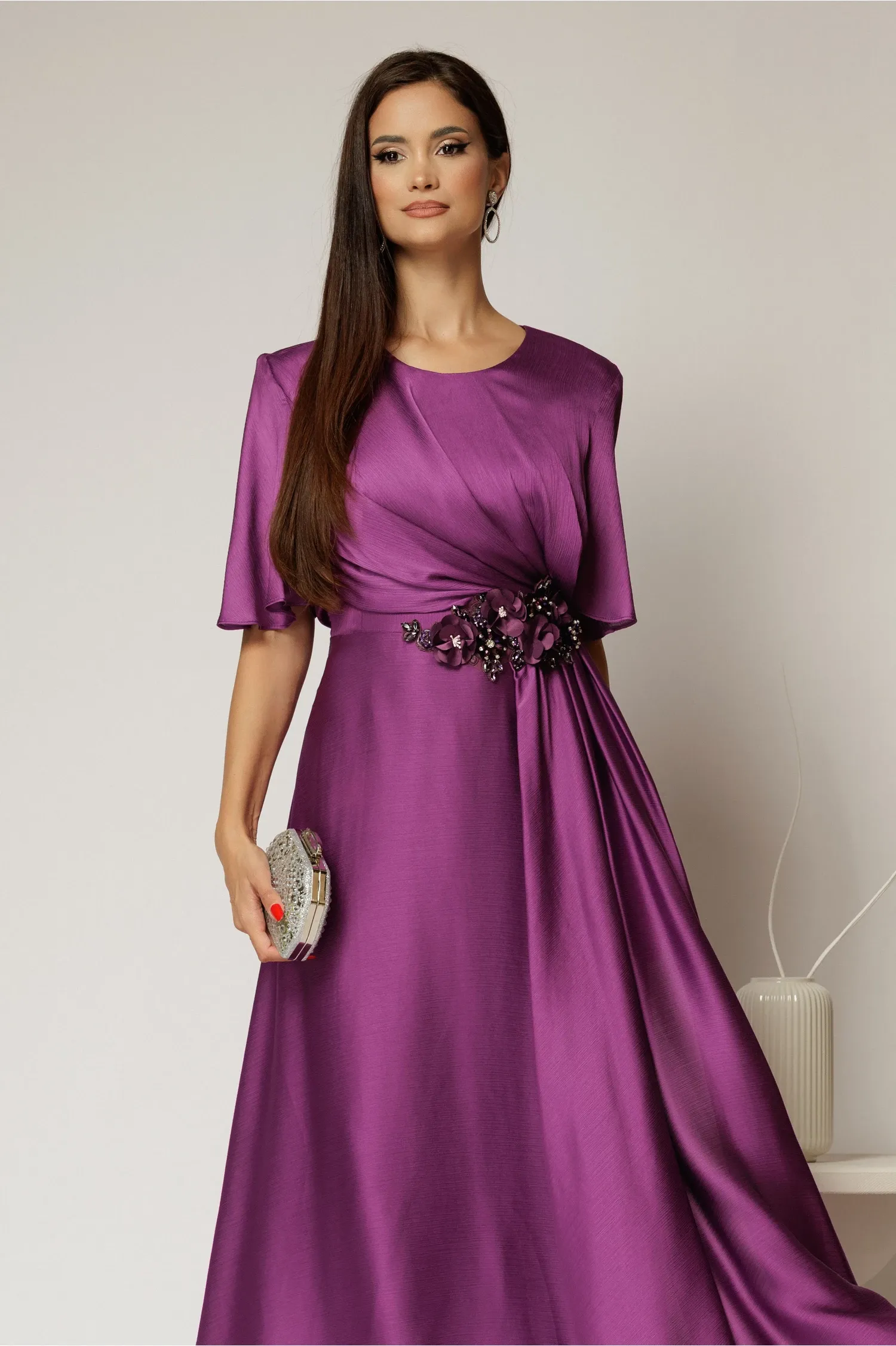 Rochie lunga mov de seara din voal  cu accesoriu in talie 3