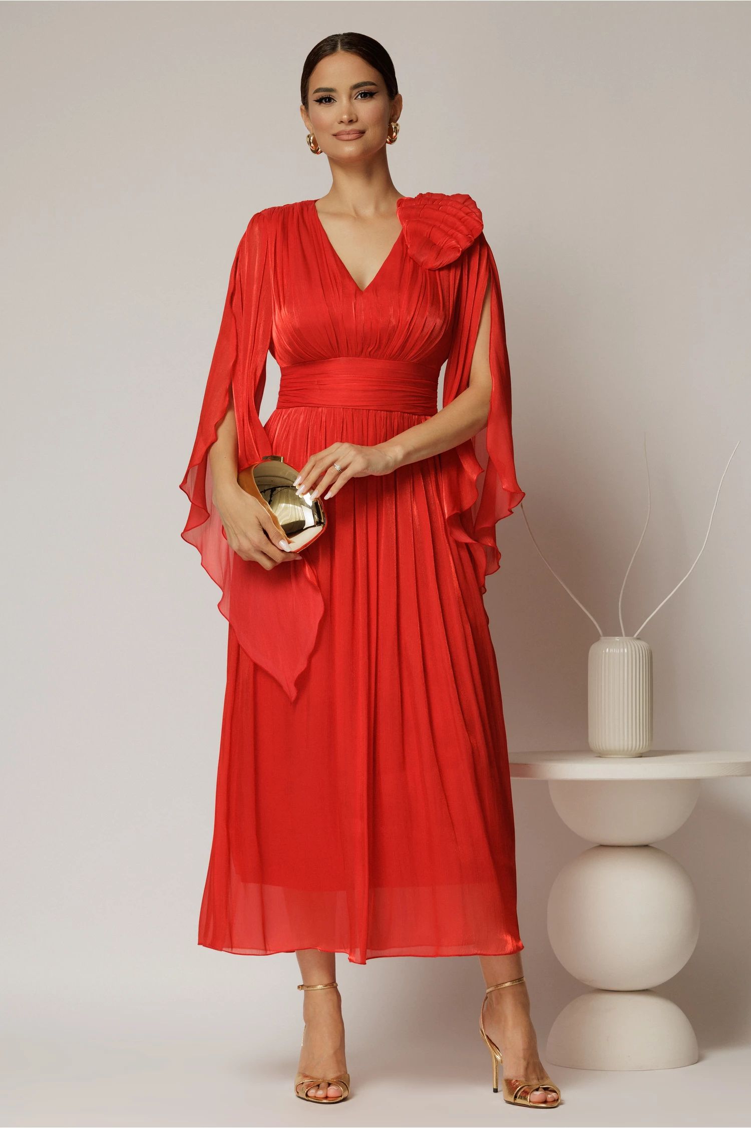 Rochie lunga rosie de seara din voal peliculizat
