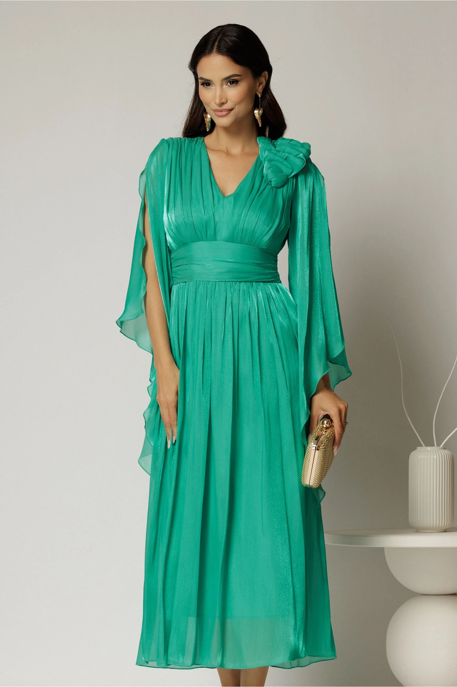 Rochie lunga verde crud de seara din voal peliculizat