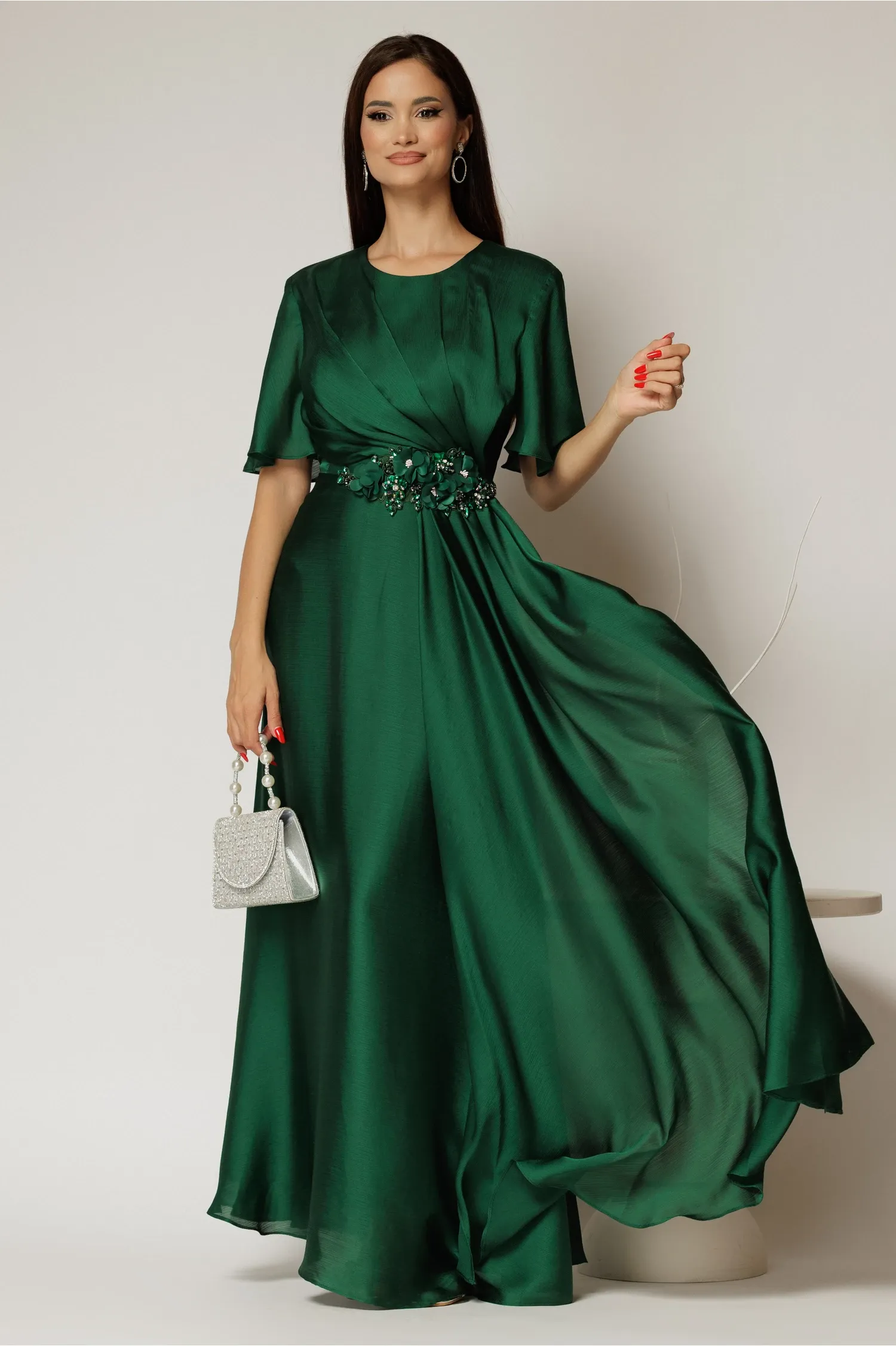 Rochie lunga verde de seara din voal  cu accesoriu in talie 1