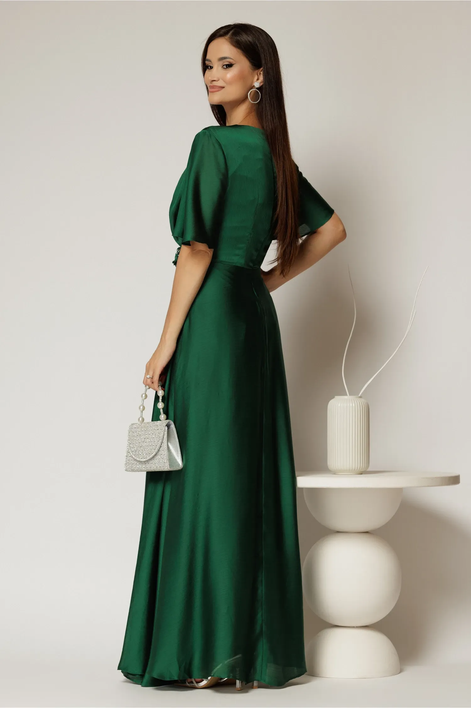 Rochie lunga verde de seara din voal  cu accesoriu in talie 2