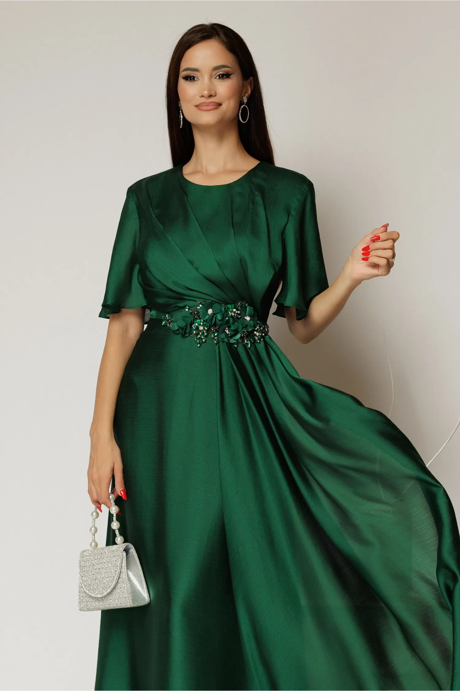 Rochie lunga verde de seara din voal  cu accesoriu in talie 3