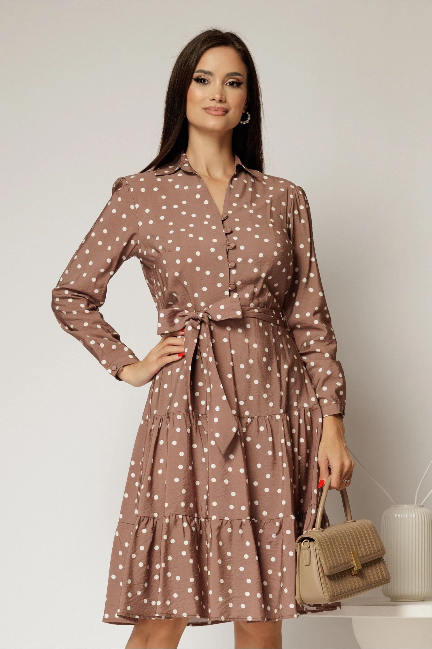 Rochie maro midi din viscoza si imprimeu cu buline