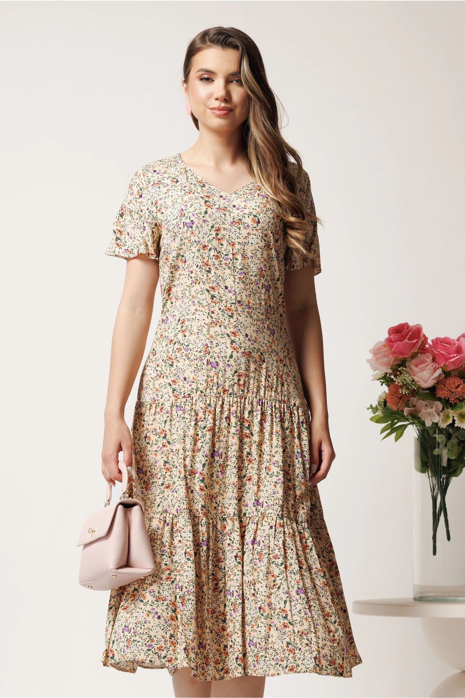 Rochie midi bej din viscoza cu imprimeuri florale maro