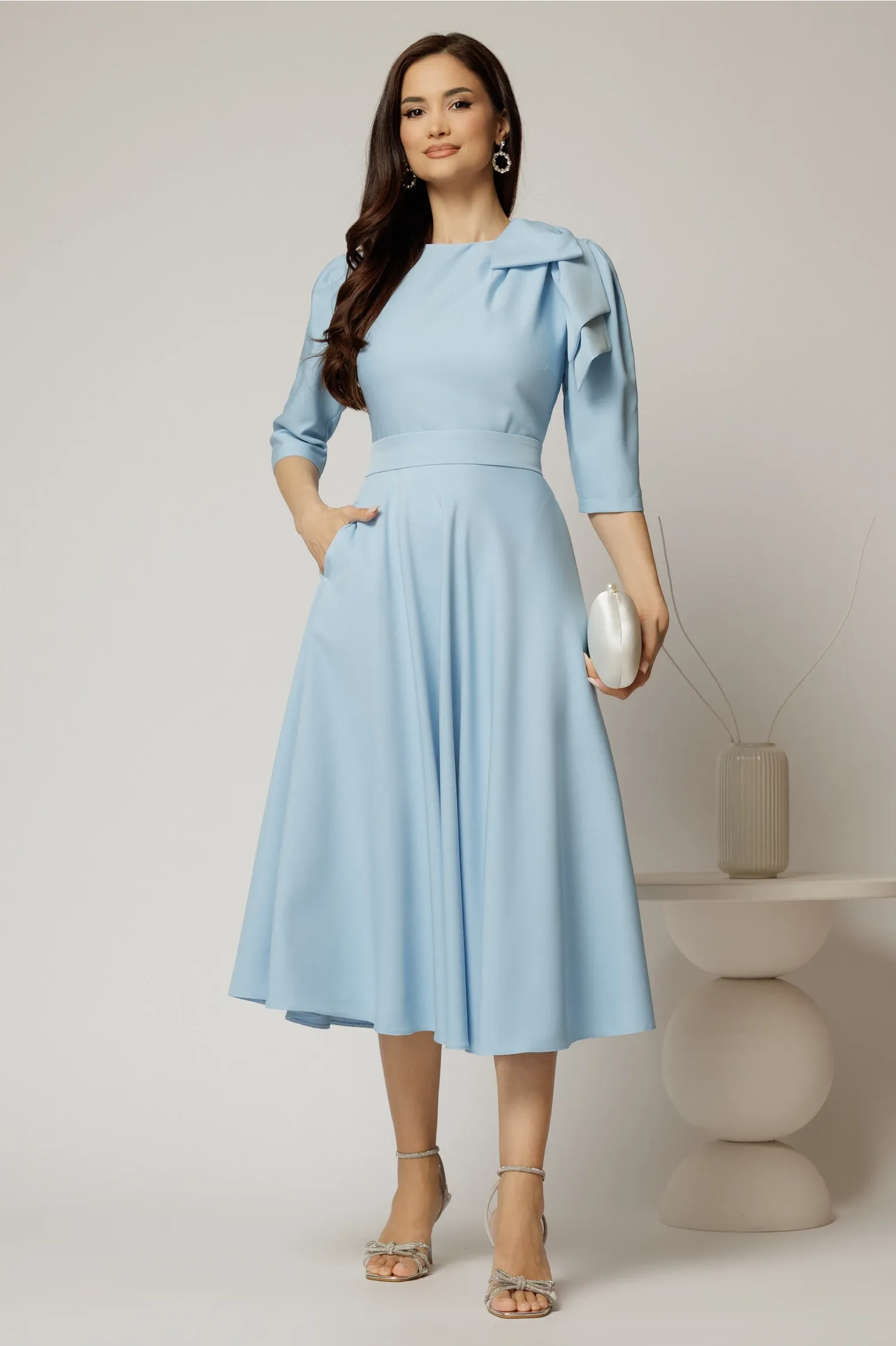 Rochie midi bleu clos cu funda ampla pe umar si cordon detasabil 3