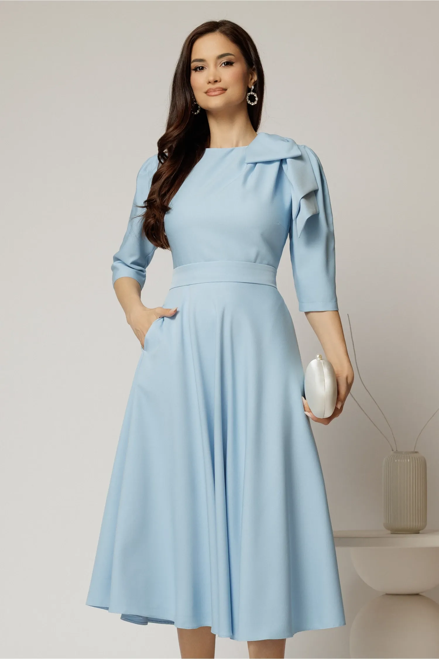 Rochie midi bleu clos cu funda ampla pe umar si cordon detasabil 1