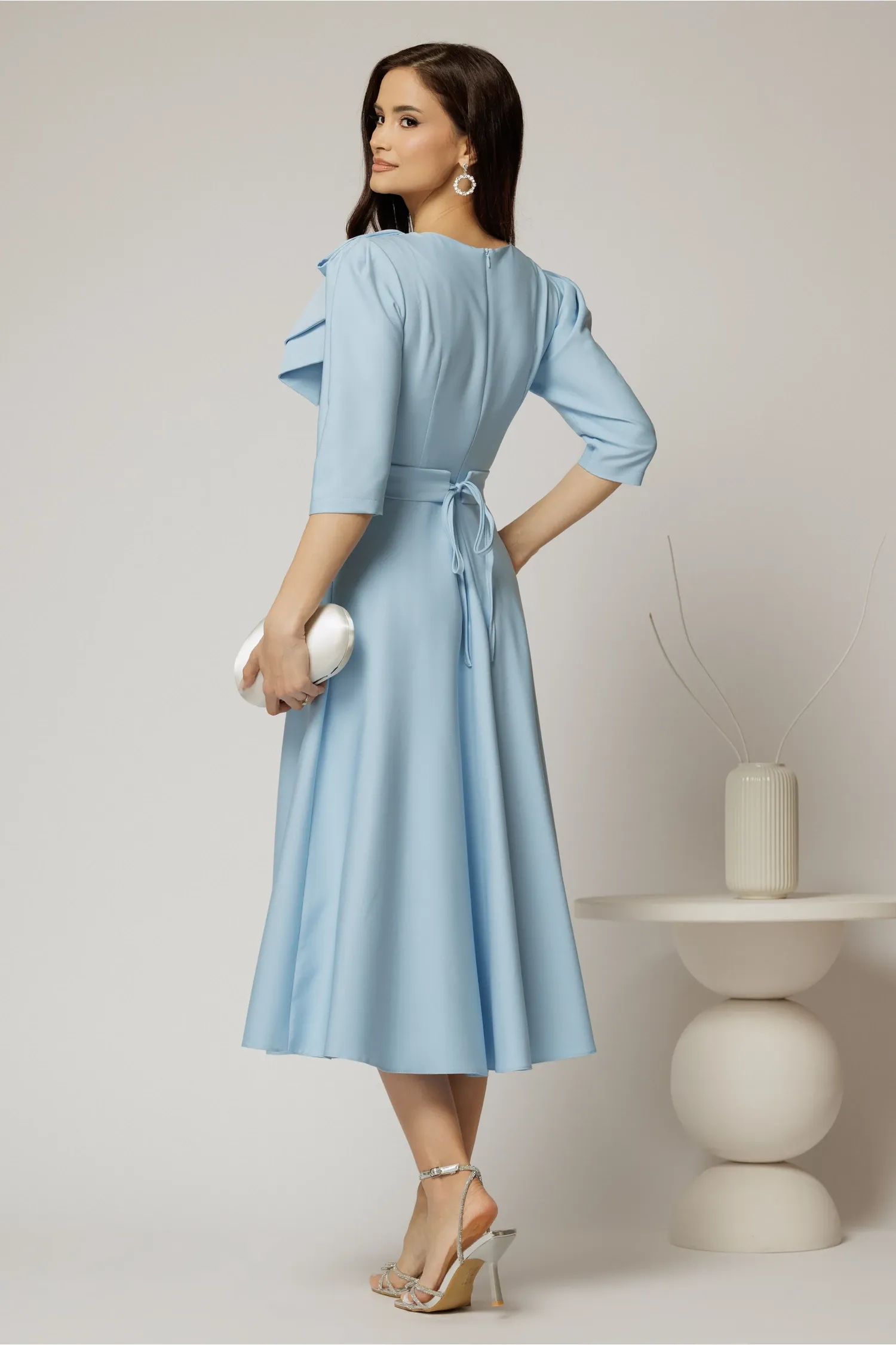 Rochie midi bleu clos cu funda ampla pe umar si cordon detasabil 2