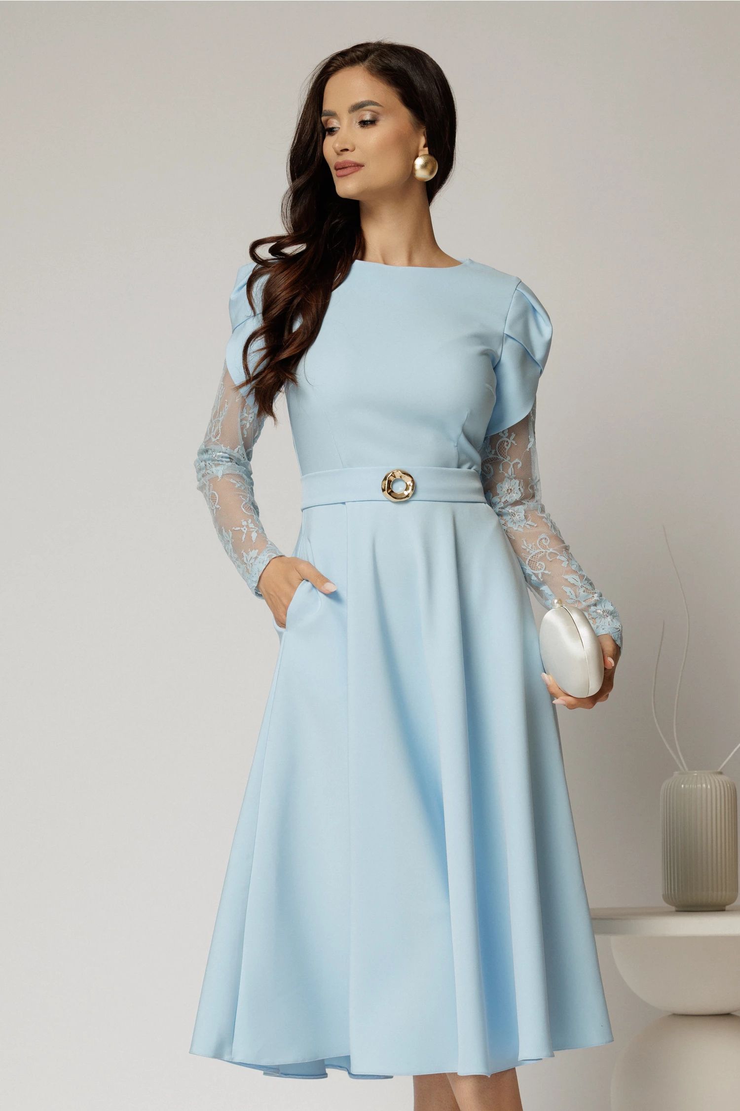 Rochie midi bleu cu maneci din dantela si cordon detasabil