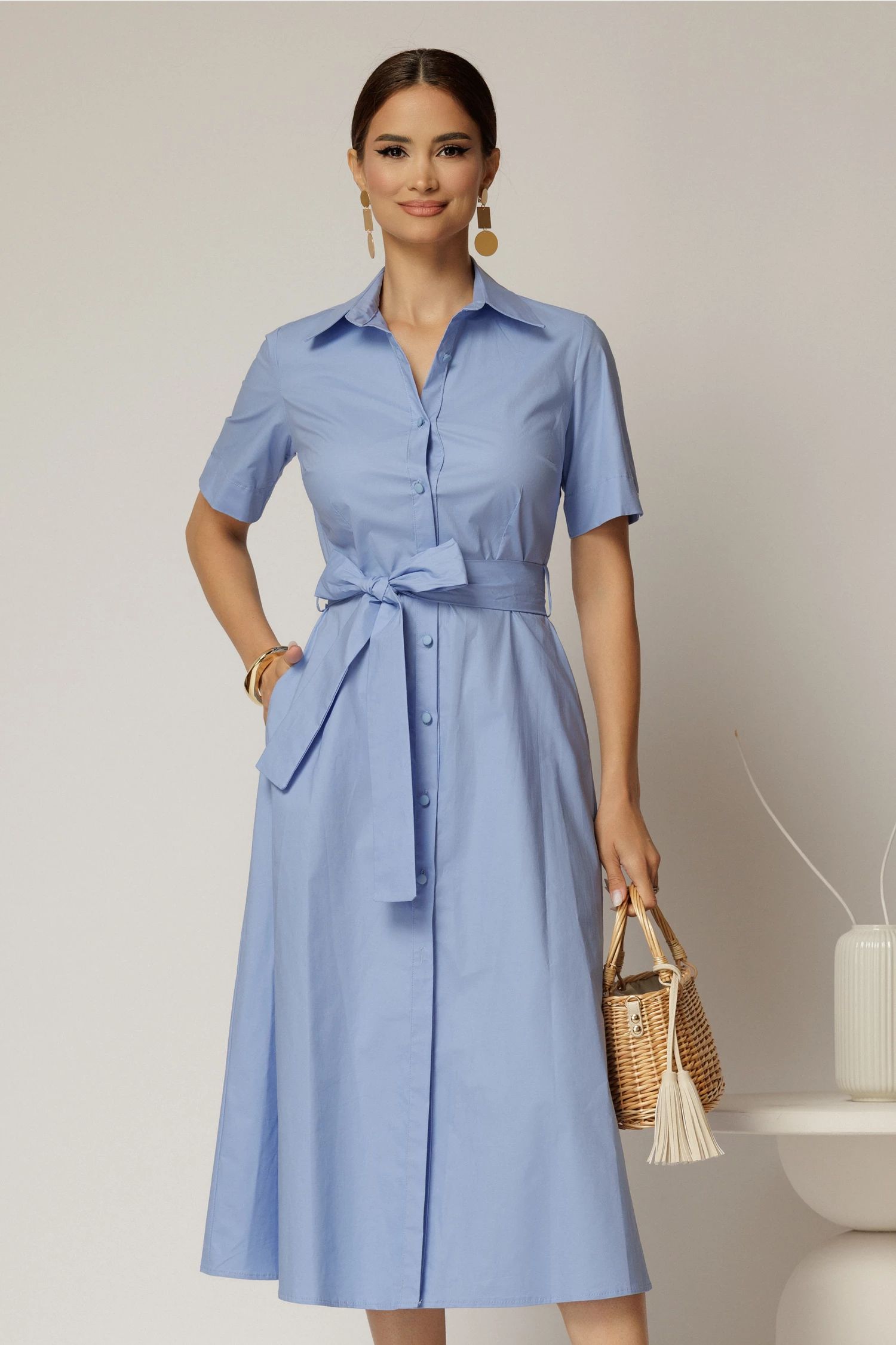 Rochie midi bleu tip camasa din poplin cu cordon in talie