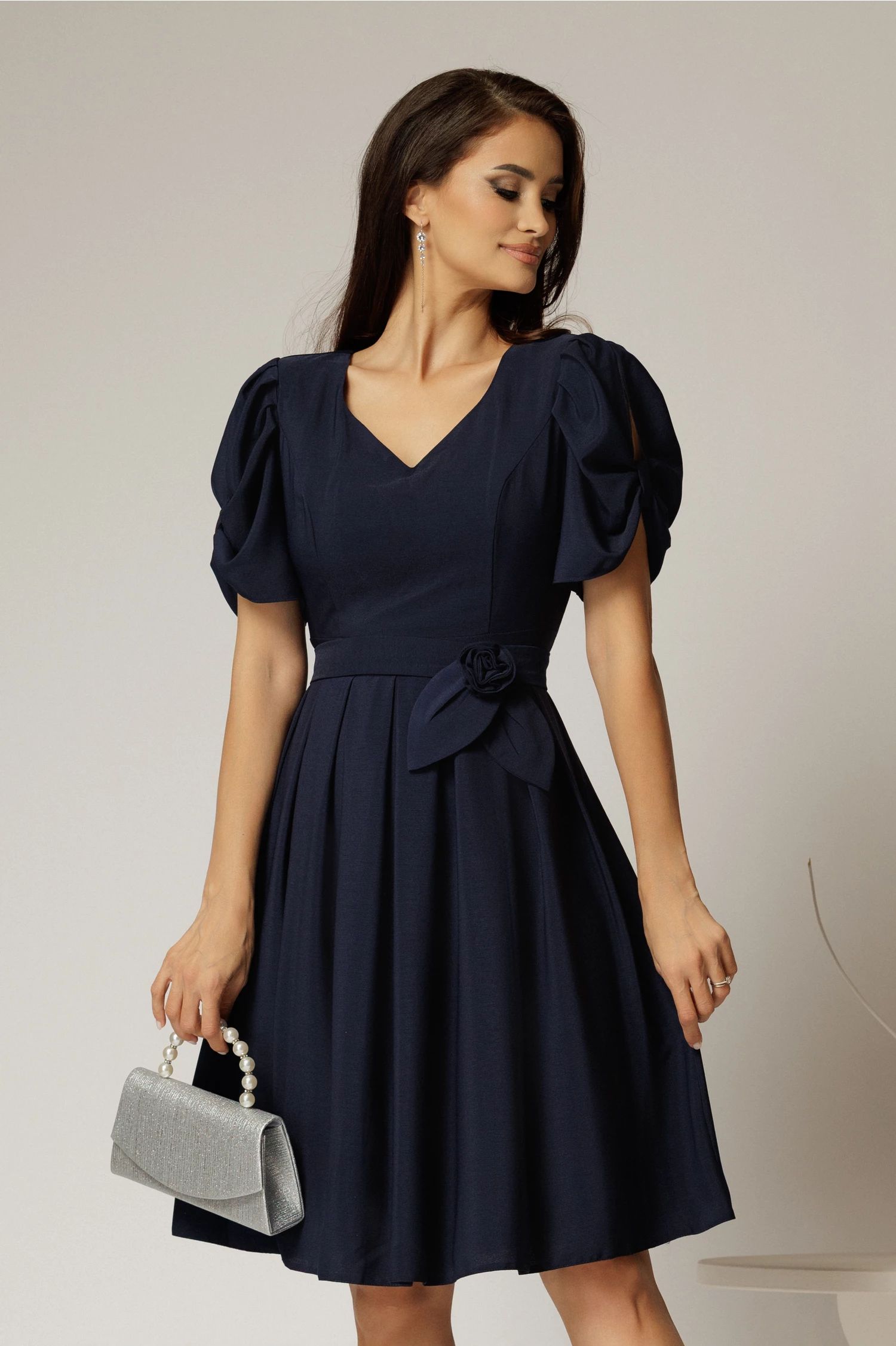 Rochie midi bleumarin din voal si cordon detasabil