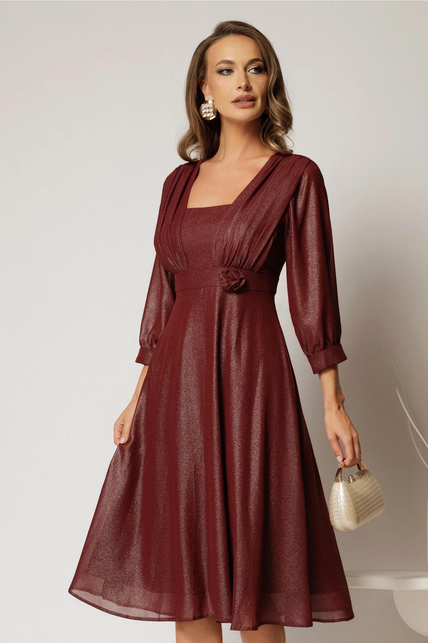 Rochie midi bordo de ocazie din voal cu pelicula