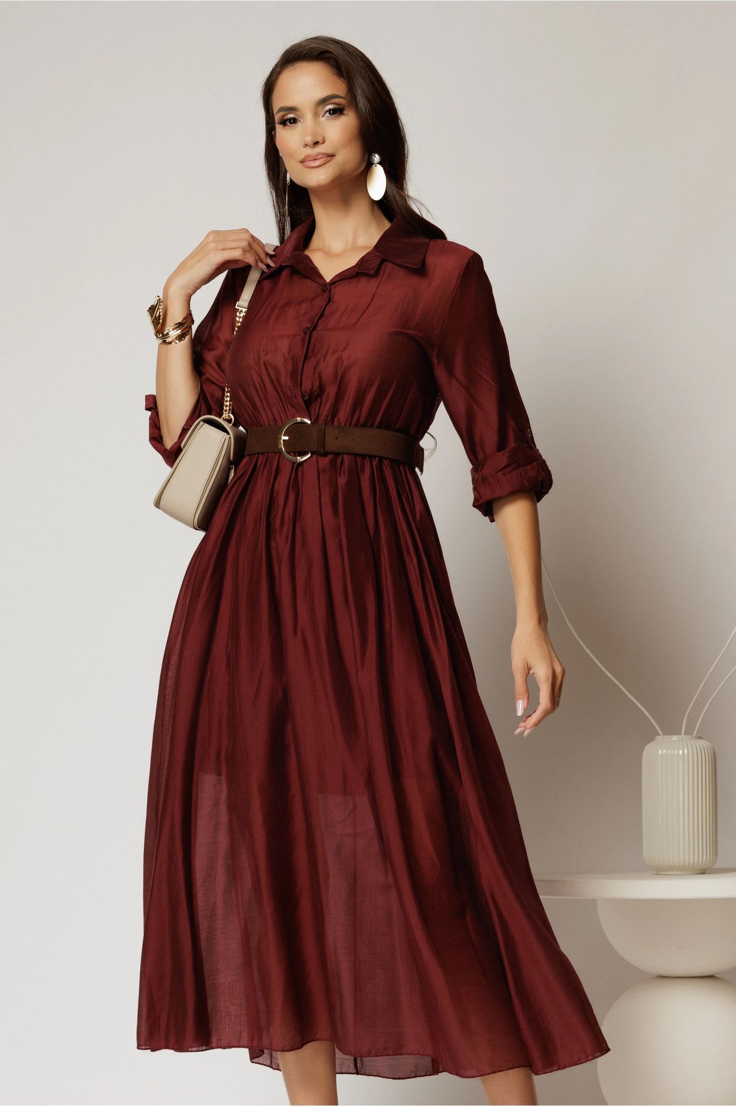 Rochie midi bordo din tencel si curea maro in talie
