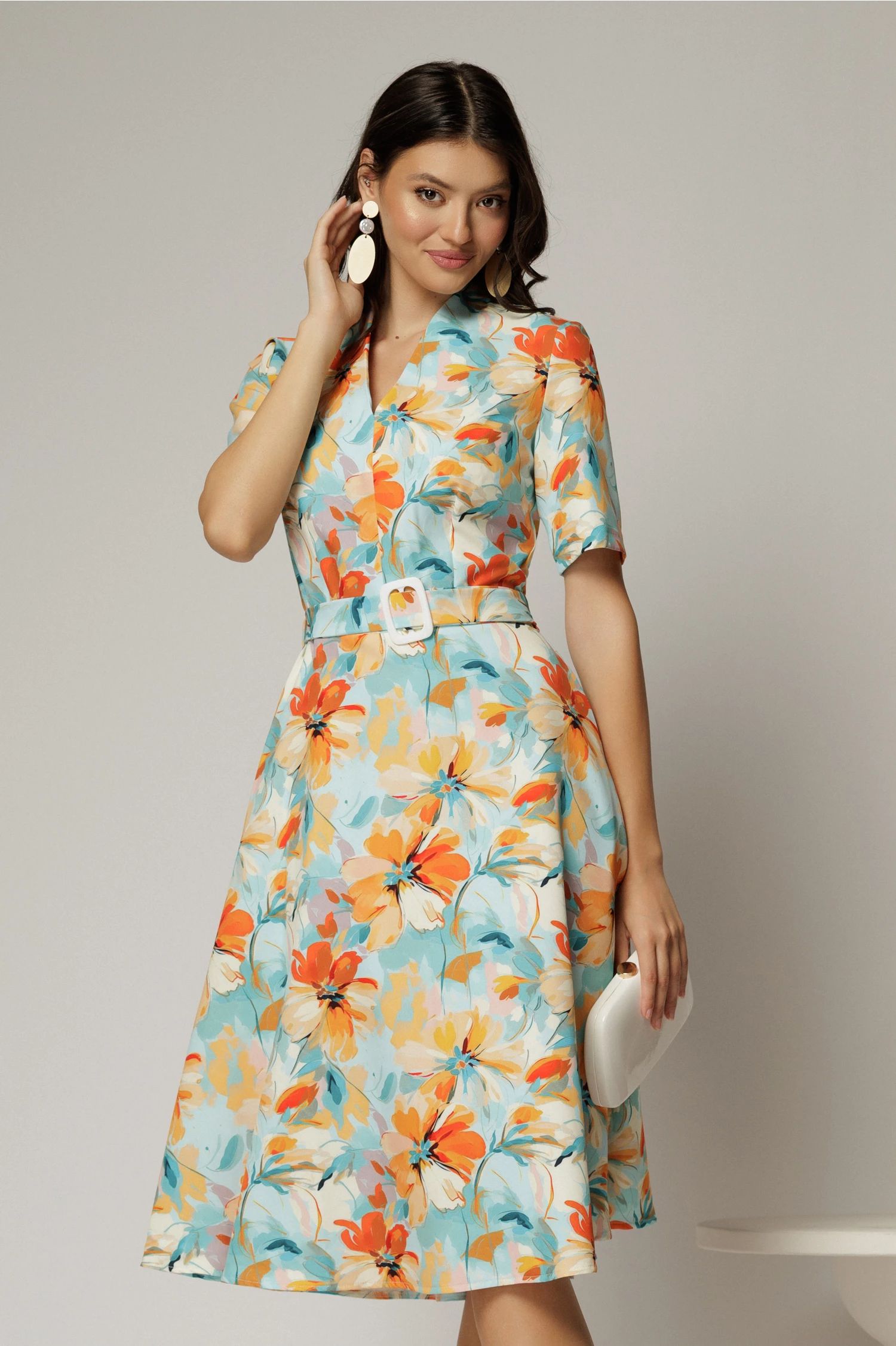 Rochie midi cu imprimeu floral in nuante de turcoaz si orange