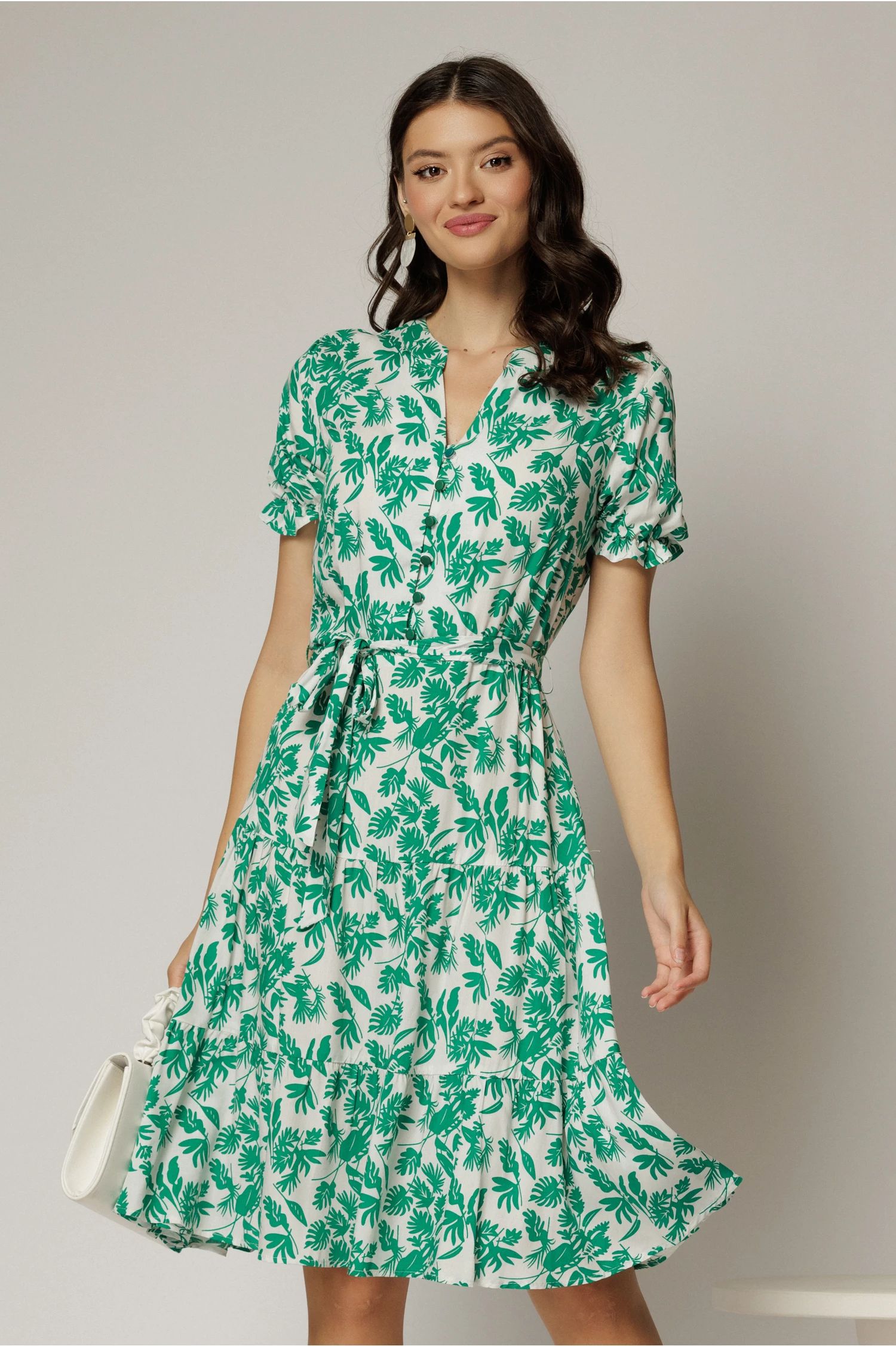 Rochie midi din viscoza alba cu imprimeu verde