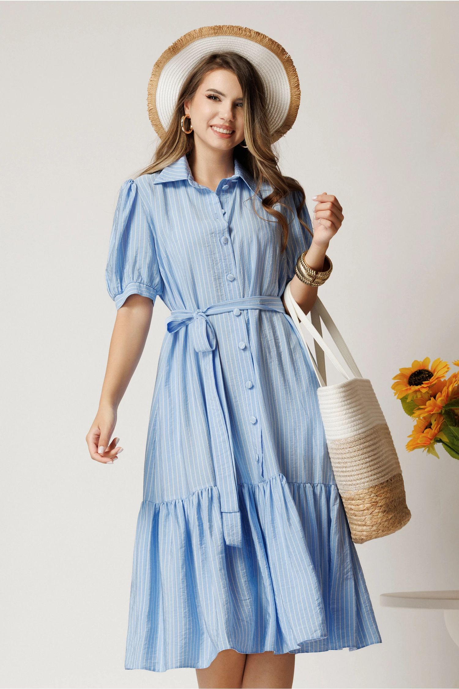 Rochie midi din viscoza bleu cu dungi si cordon in talie tip camasa