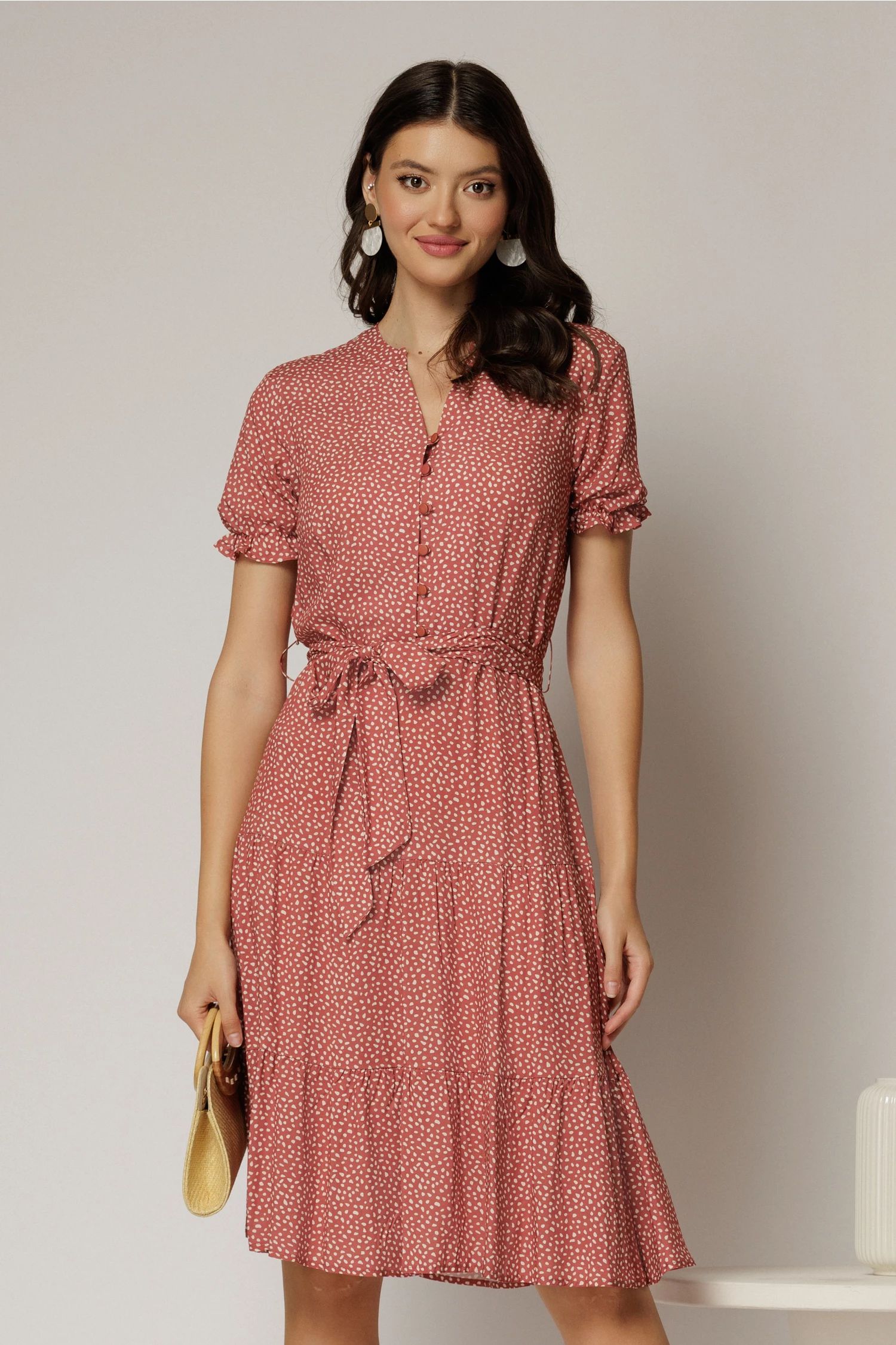 Rochie midi din viscoza caramizie cu imprimeu alb
