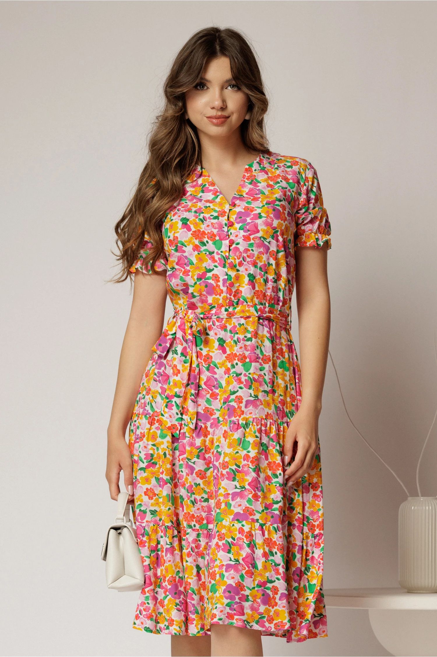 Rochie midi din viscoza cu imprimeu floral roz oranj