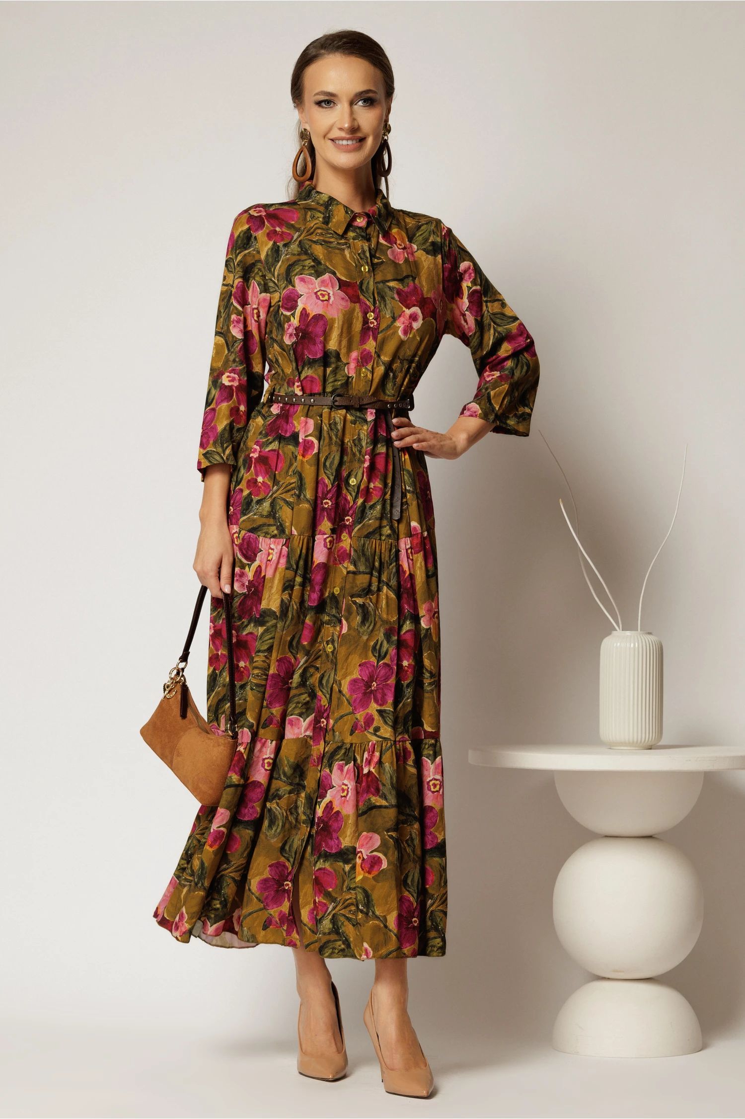 Rochie midi din viscoza kaki cu imprimeuri florale si curea in talie