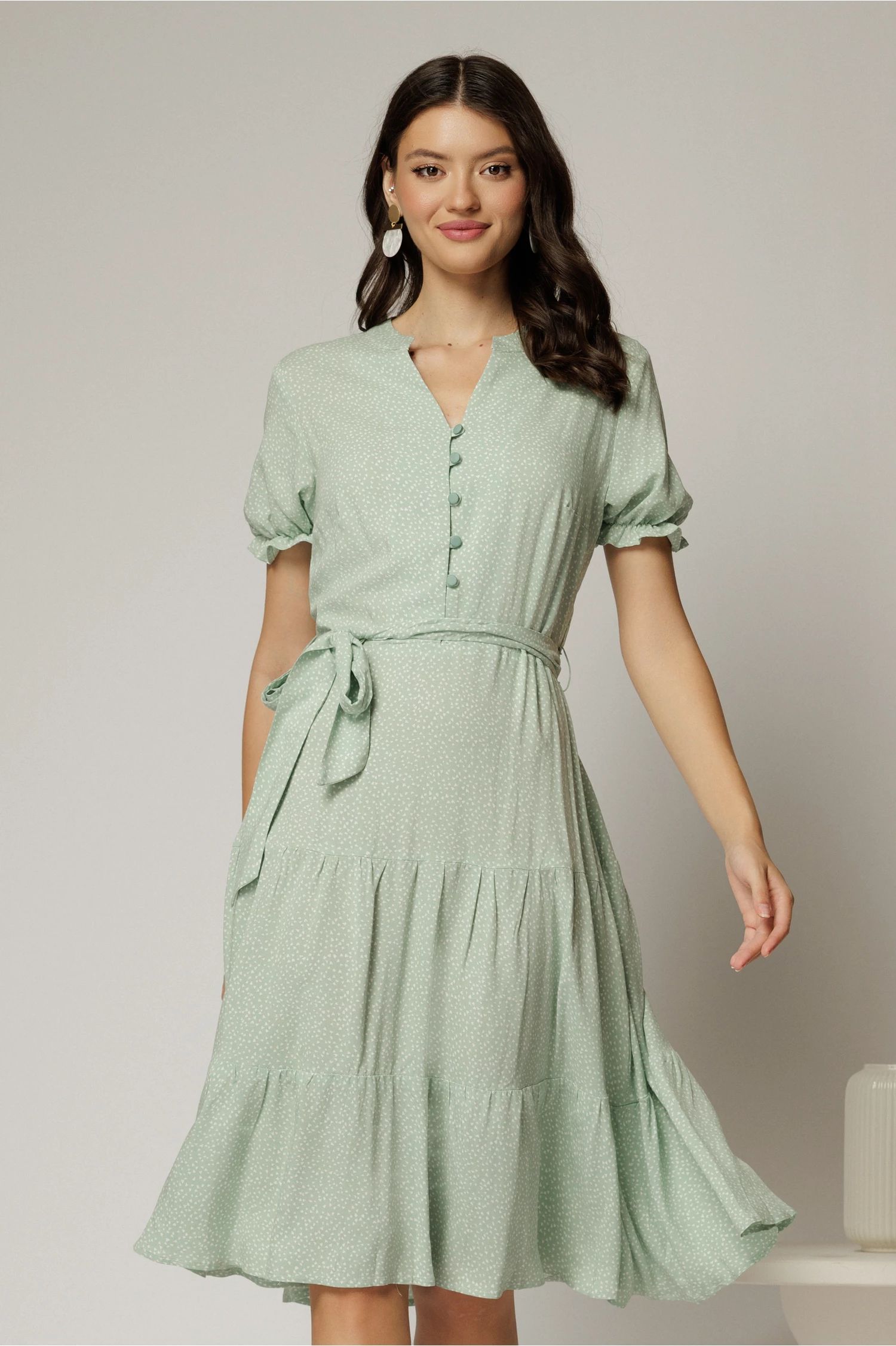 Rochie midi din viscoza verde fistic cu imprimeu alb