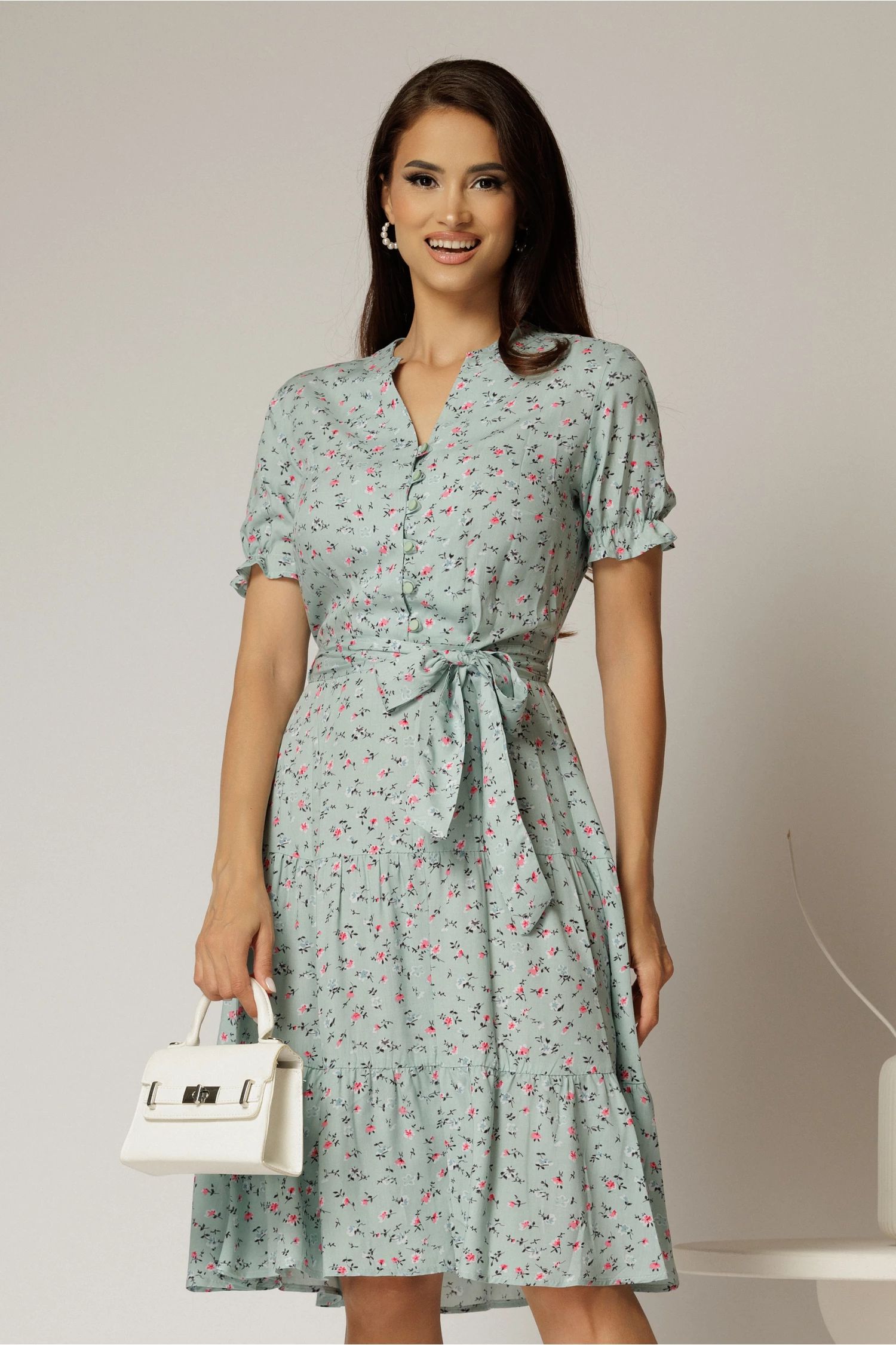 Rochie midi din viscoza verde mint cu imprimeuri de vara