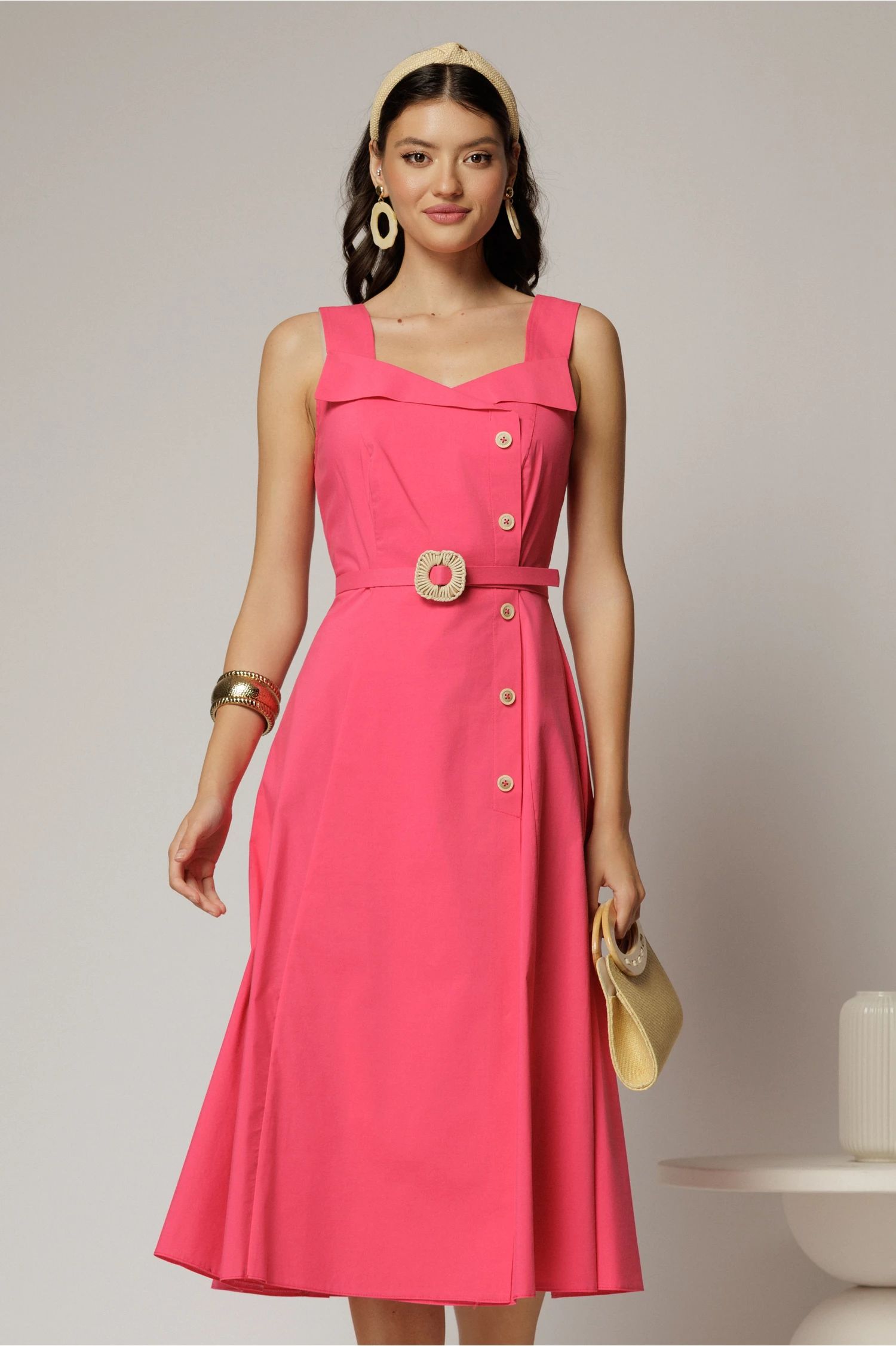 Rochie midi fucsia din poplin cu nasturi si curea in talie