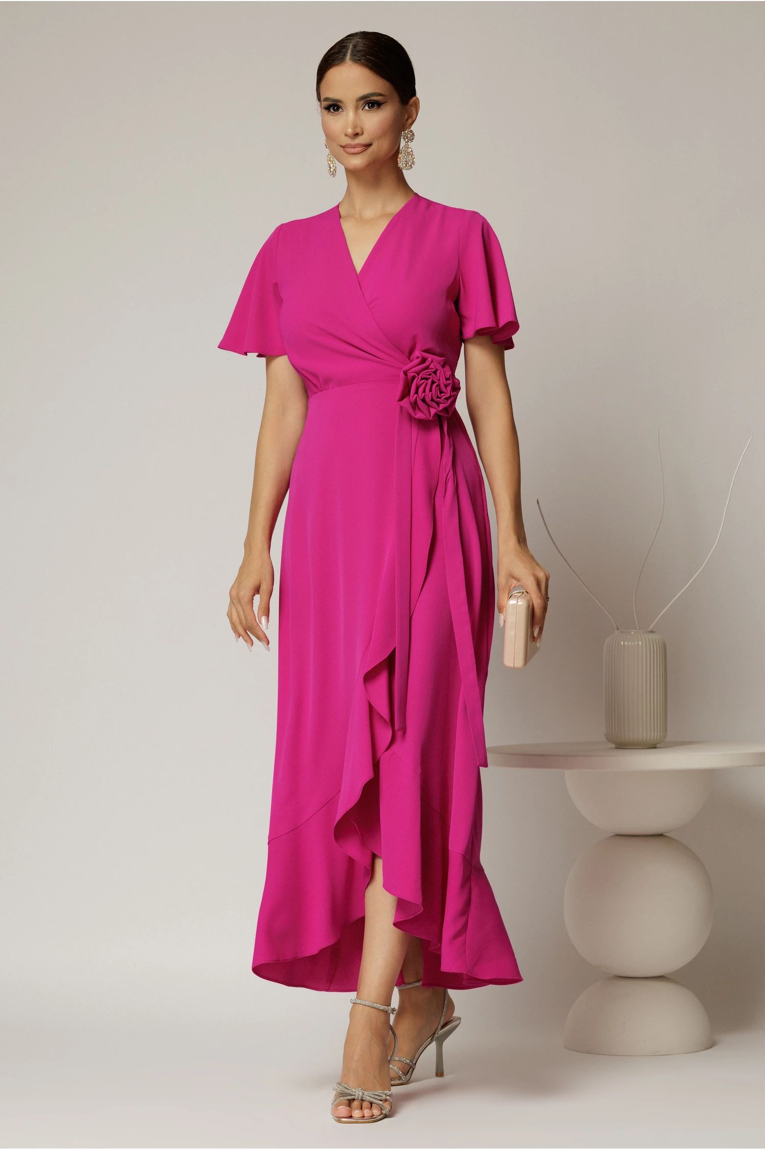 Rochie midi fucsia din triplu voal cu croi petrecut