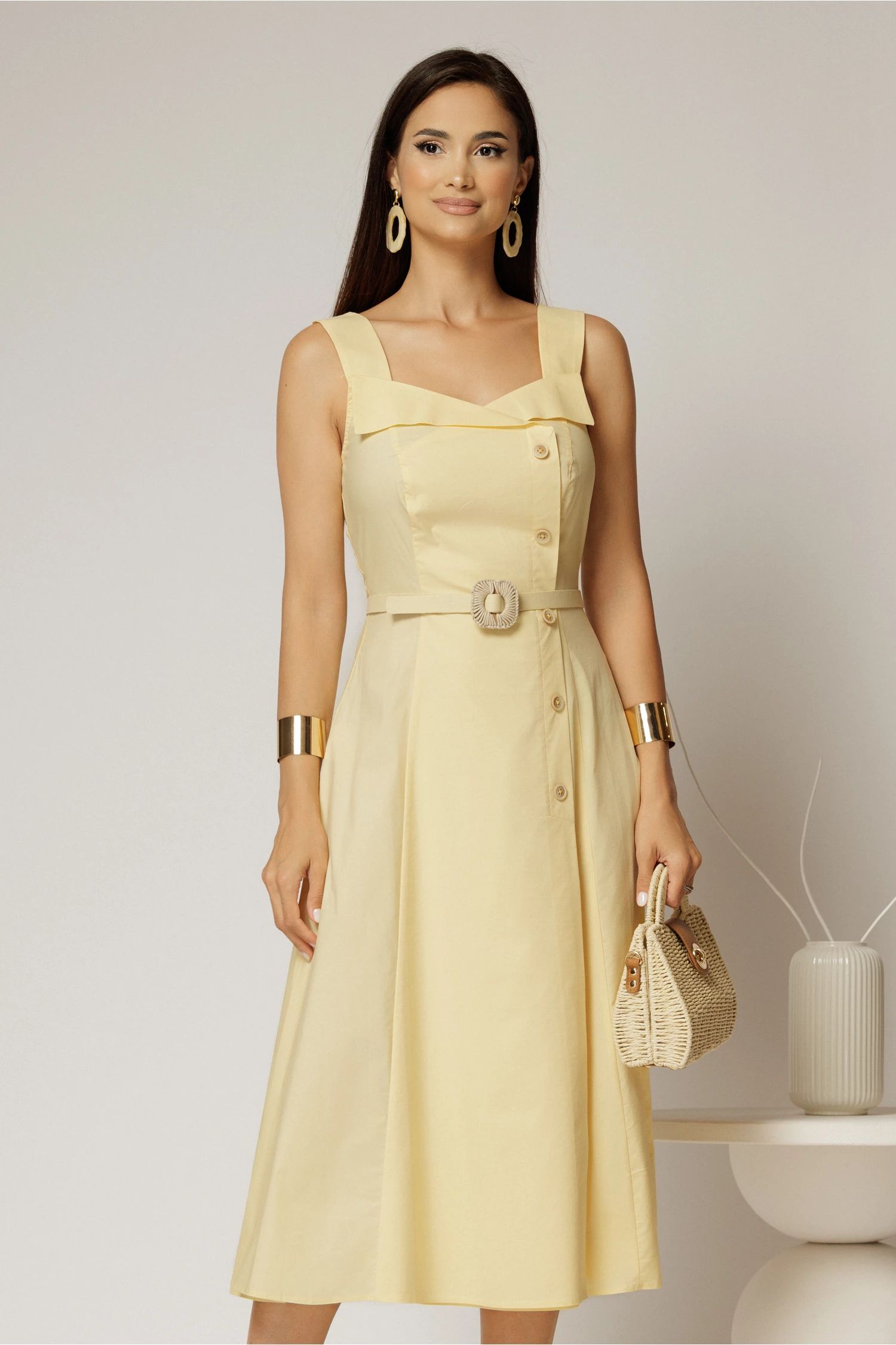 Rochie midi galbena din poplin cu nasturi si curea in talie