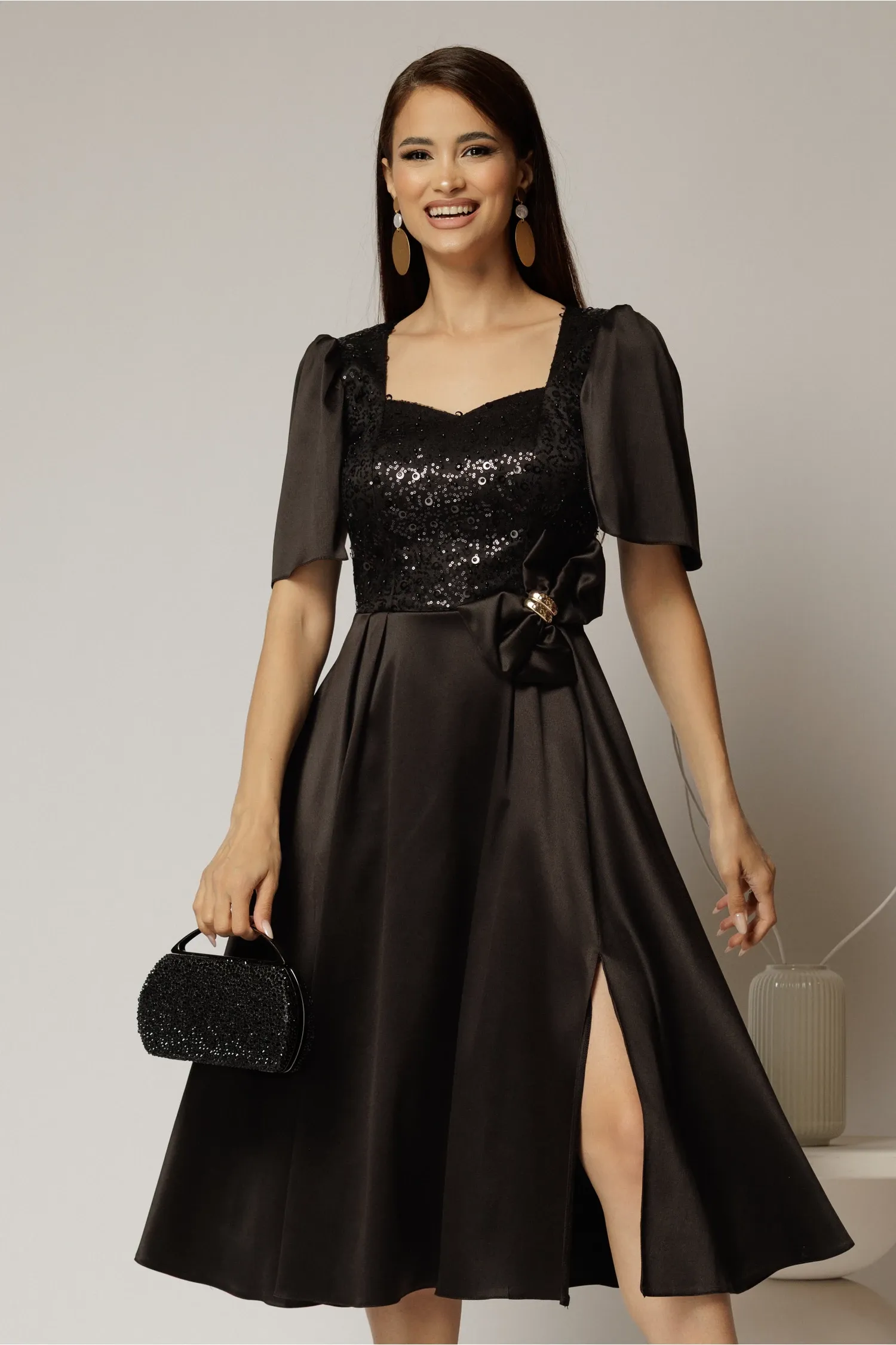 Rochie midi neagra din tafta si paiete cu funda ampla pe talie 1