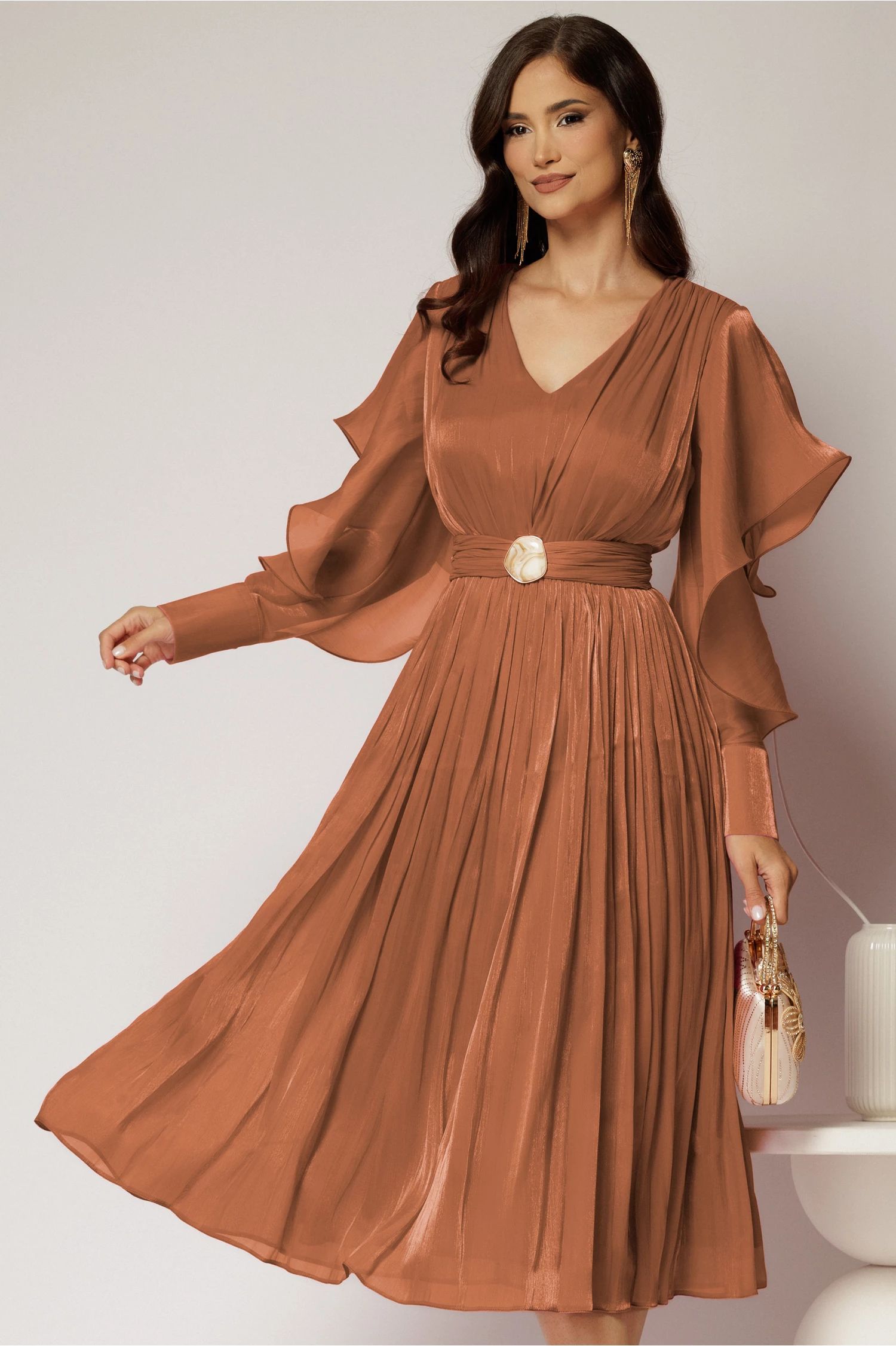 Rochie midi roz coniac de ocazie din voal peliculizat cu cordon detasabil