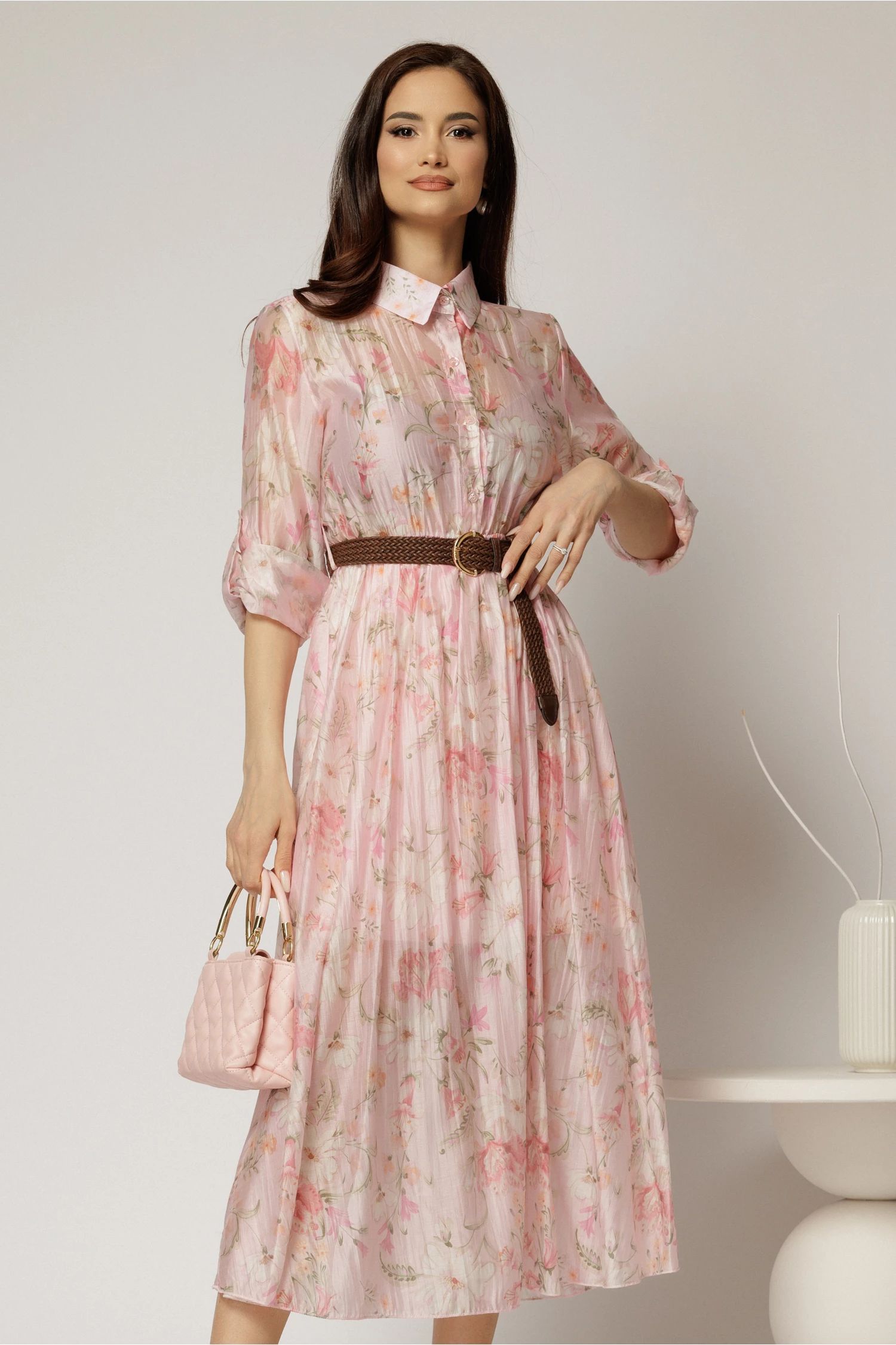 Rochie midi roz cu imprimeuri din tencel