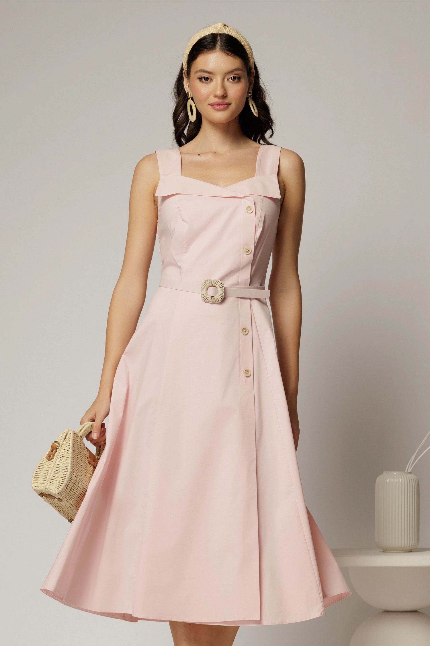 Rochie midi roz din poplin cu nasturi si curea in talie