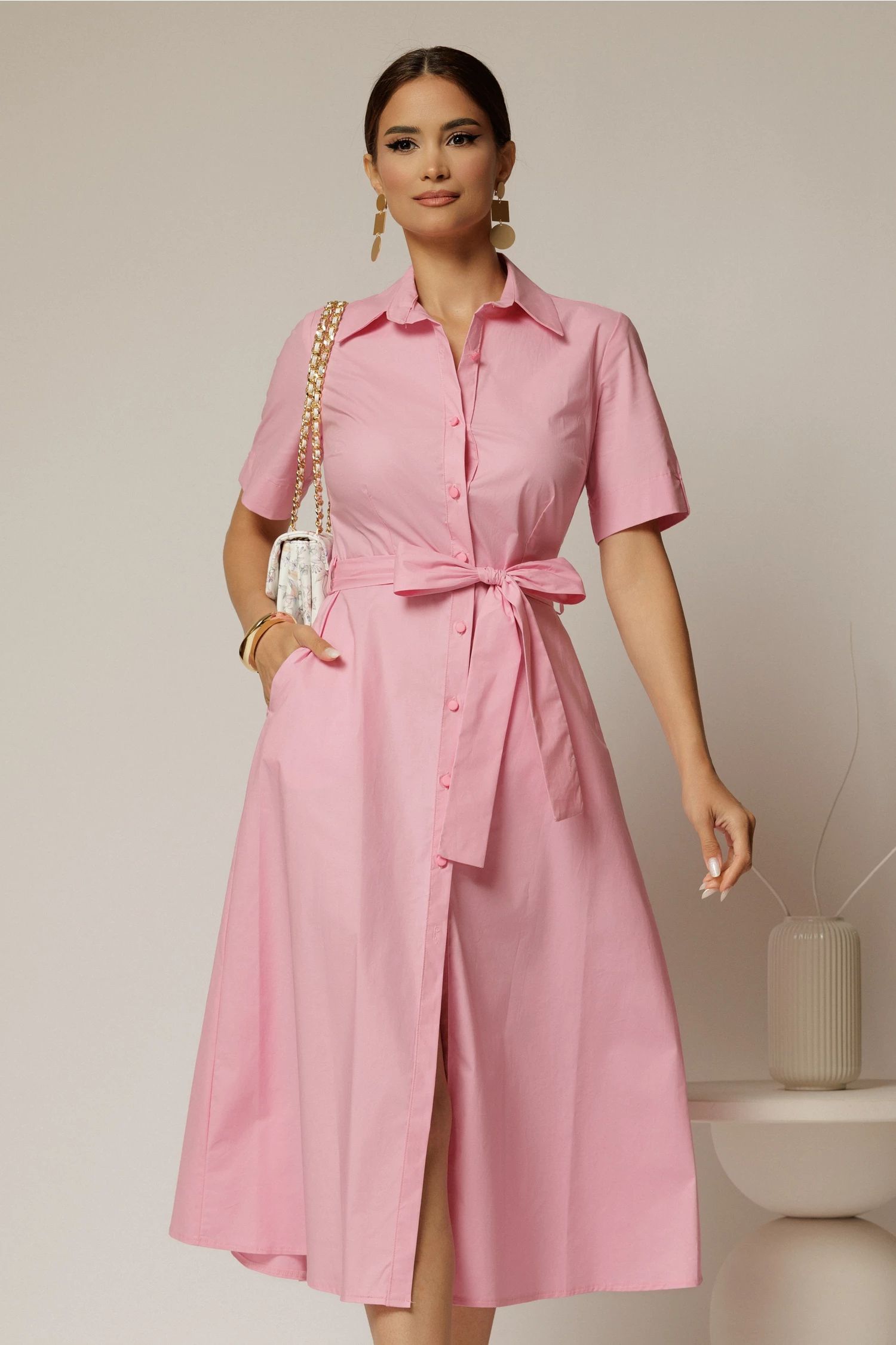Rochie midi roz tip camasa din poplin cu cordon in talie