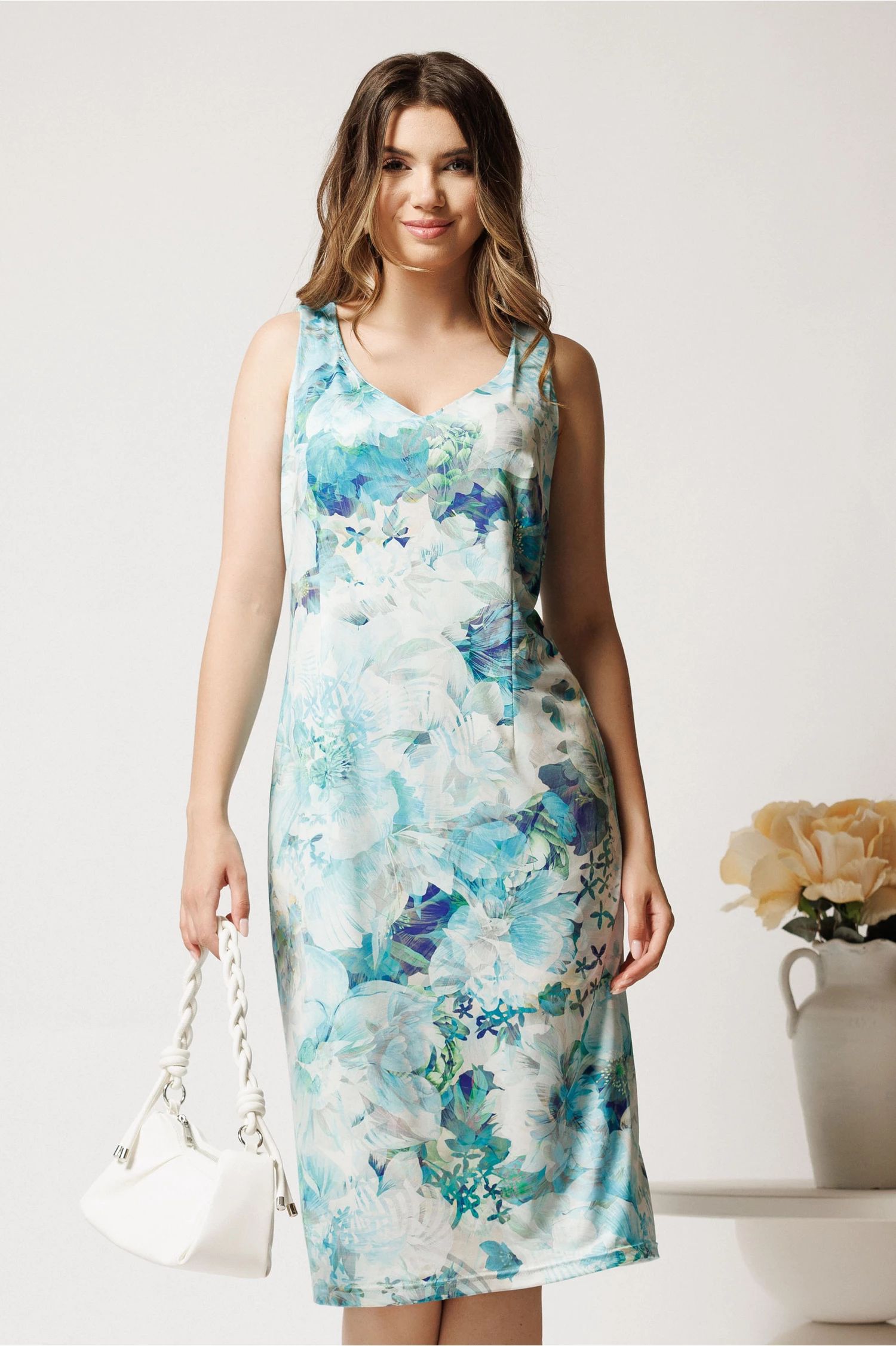 Rochie midi turcoaz din lycra cu croi drept si imprimeu floral