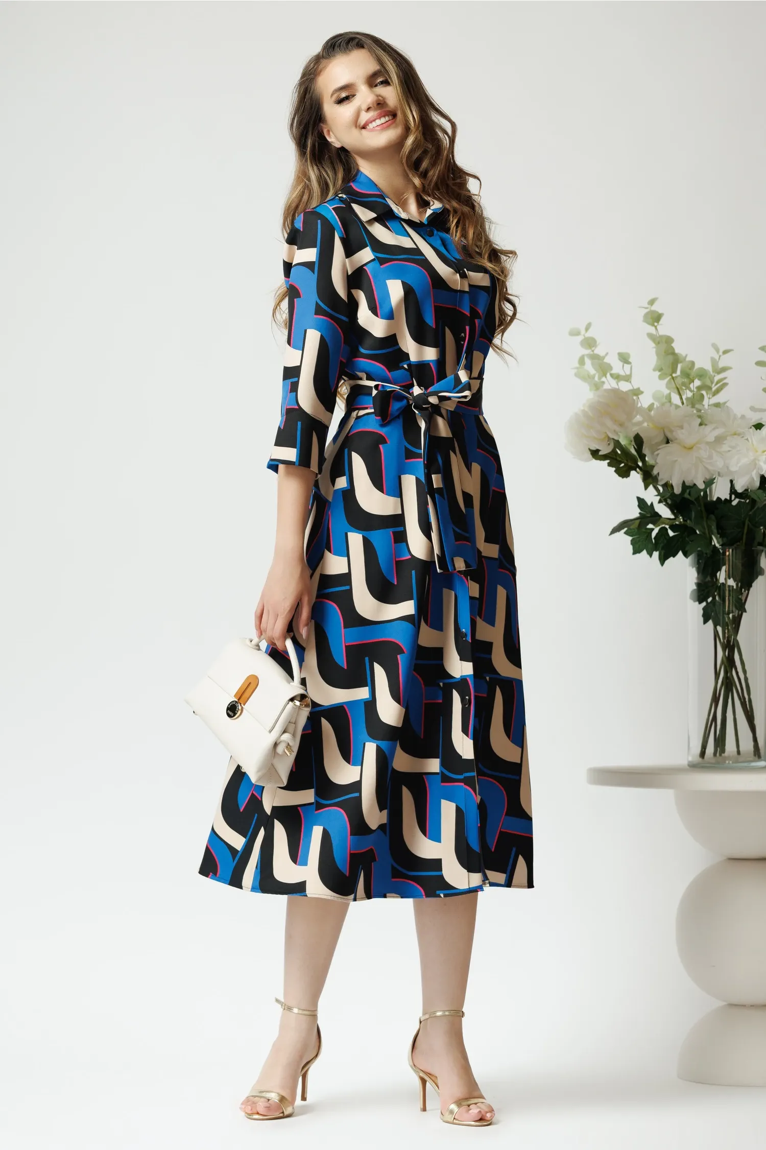 Rochie office cu imprimeu geometric albastru si cordon in talie 2