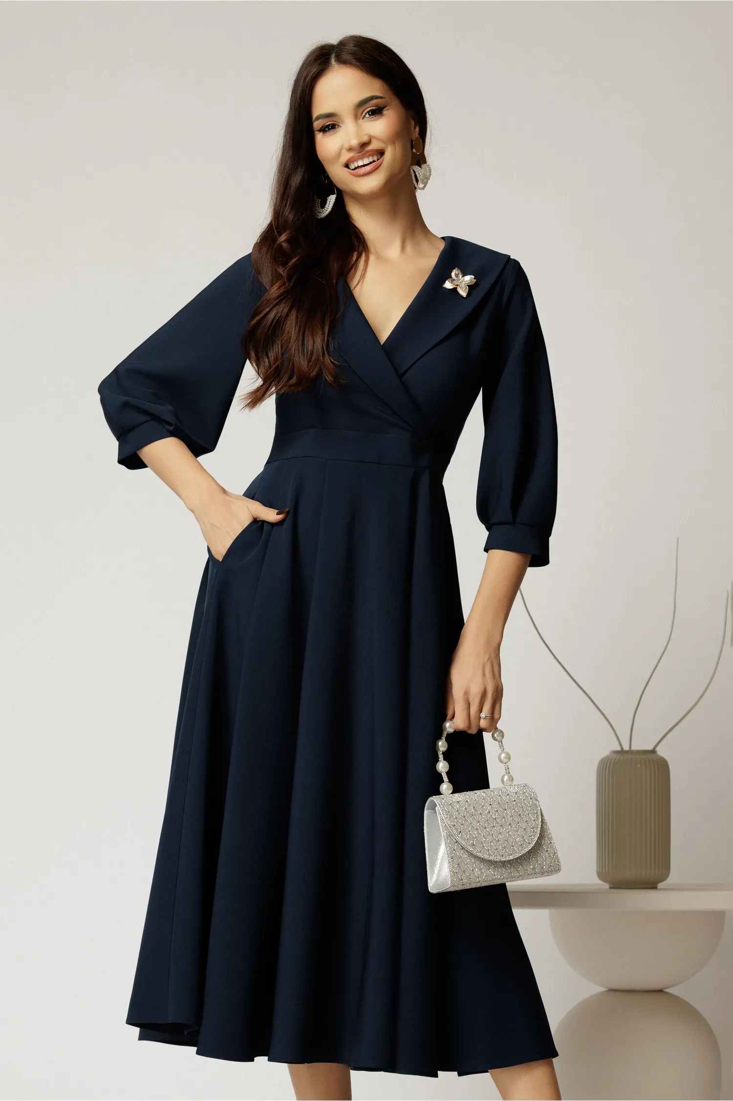 Rochie office din stofa bleumarin cu bust petrecut si rever 1